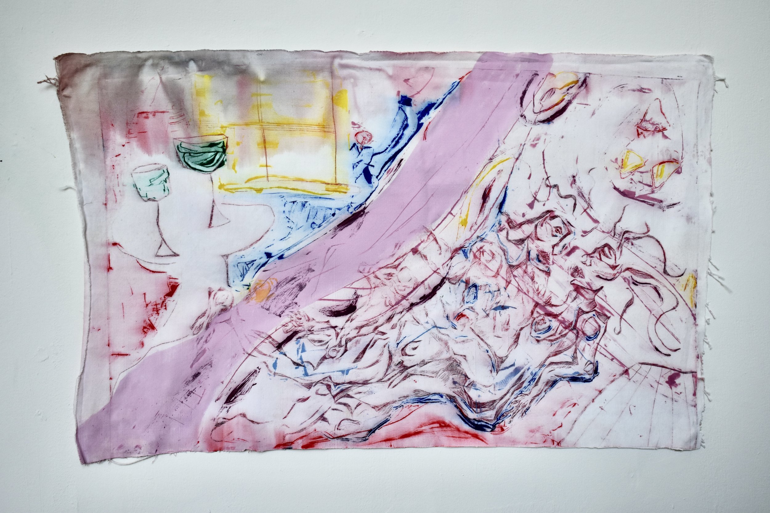 SLEEPERS IV (2024) 0.93 x 0.6 m drypoint, monotype and acrylic on fabric
