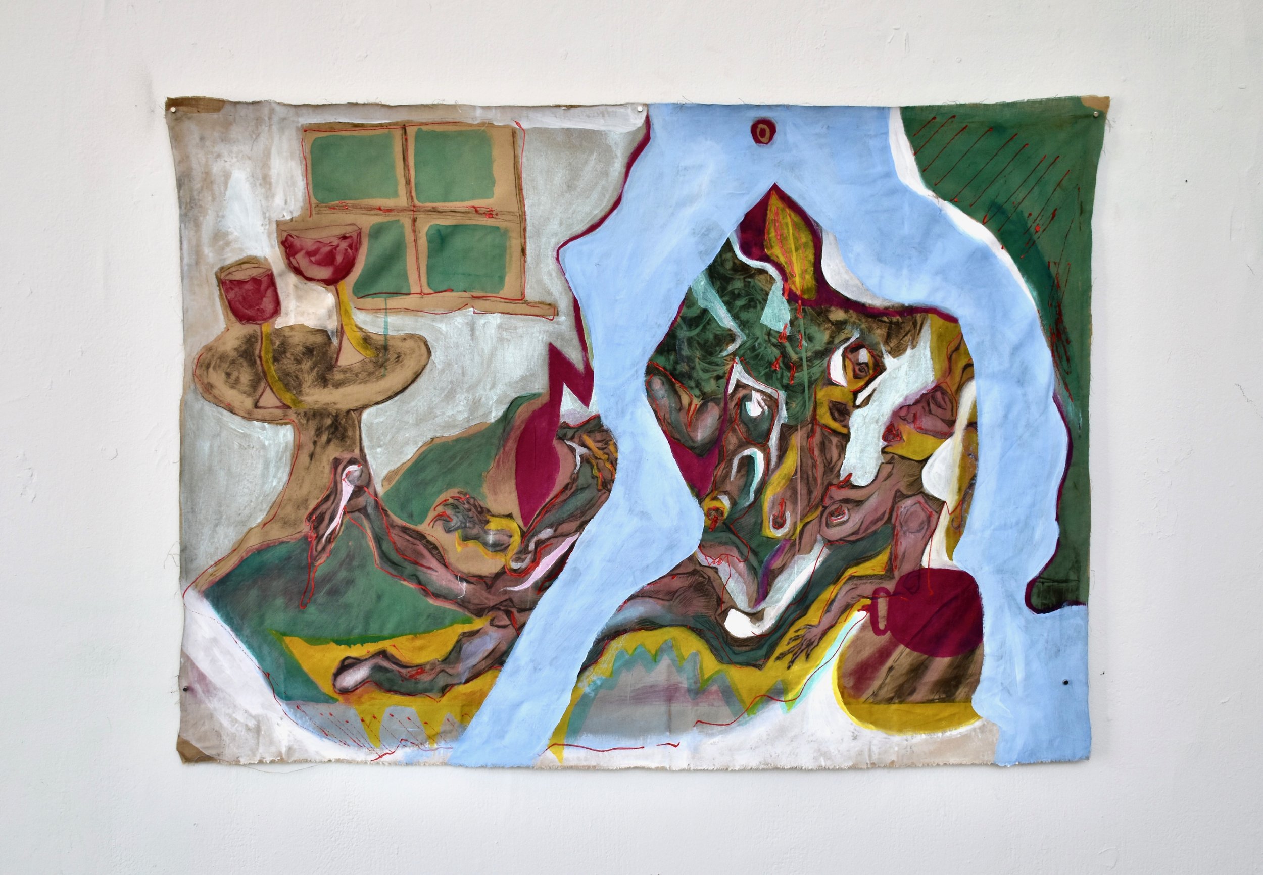 SLEEPERS V (2024) 0.93 x 0.6 m drypoint, monotype and acrylic on fabric