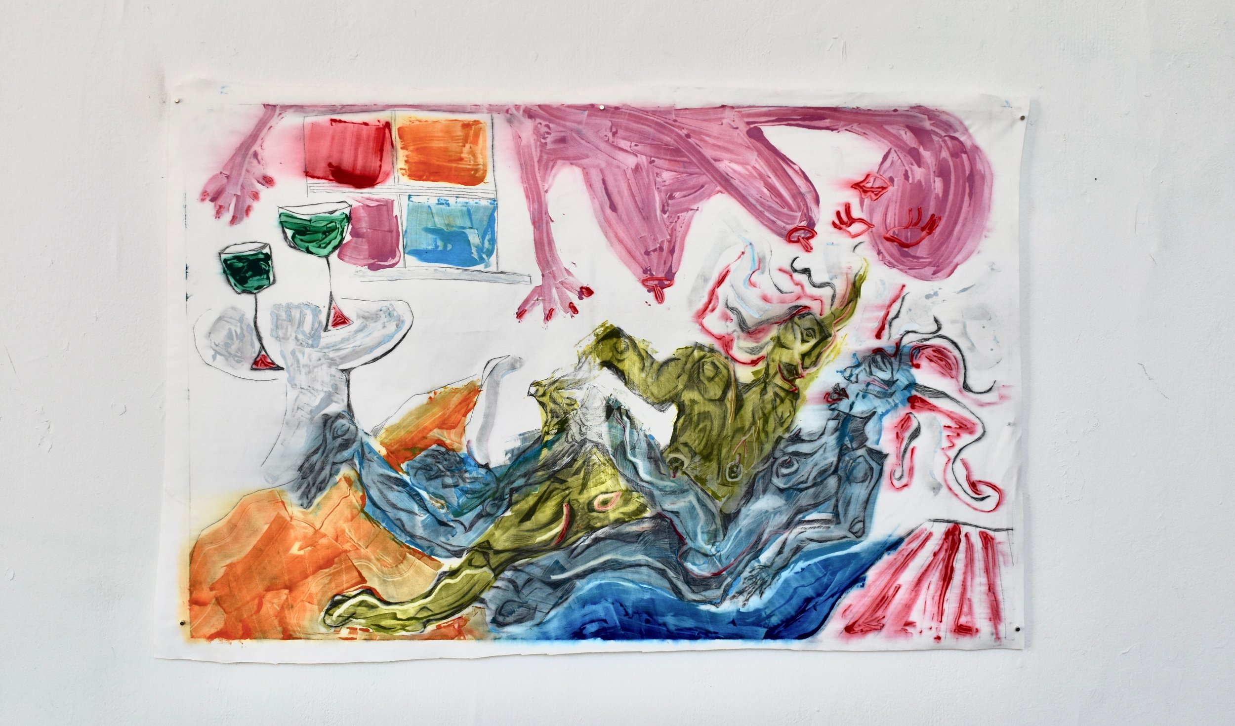 SLEEPERS I (2024) 0.93 x 0.6 m drypoint etching and monotype on cotton