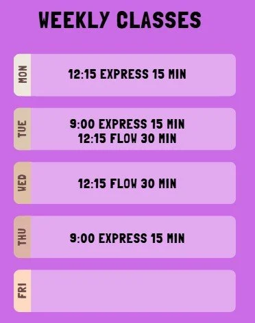 March calendar with hypopressives class schedule, showing classes on Monday, Tuesday, Wednesday, and Thursday at 9:00 AM and around noon, with notes about class flow and duration.