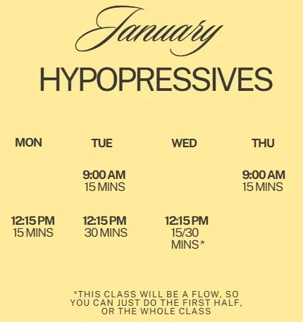 January calendar with hypopressives class schedule, showing classes on Monday, Tuesday, Wednesday, and Thursday at 9:00 AM and around noon, with notes about class flow and duration.