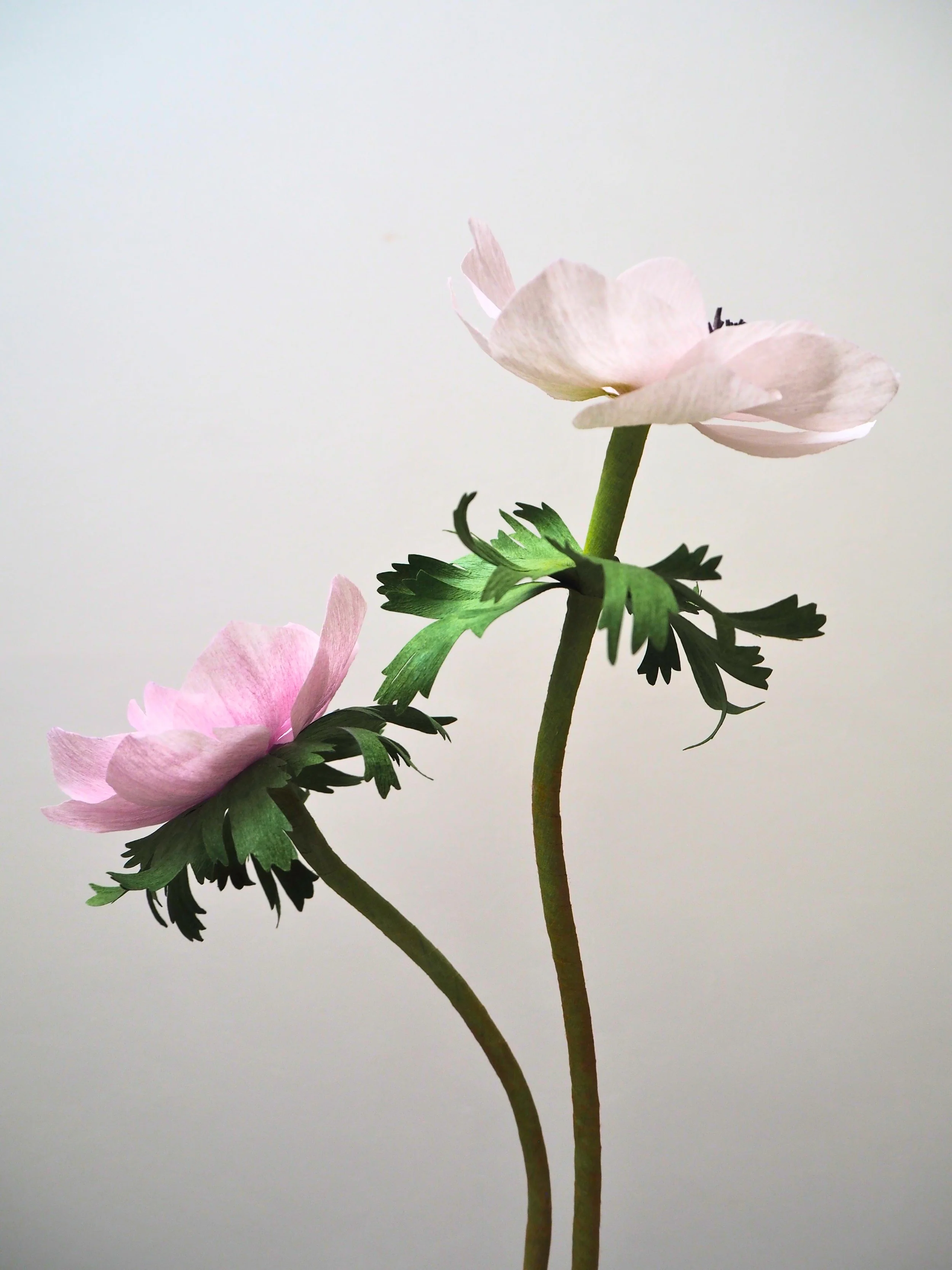 Two paper-crafted flowers with pink petals and green leaves against a plain background.