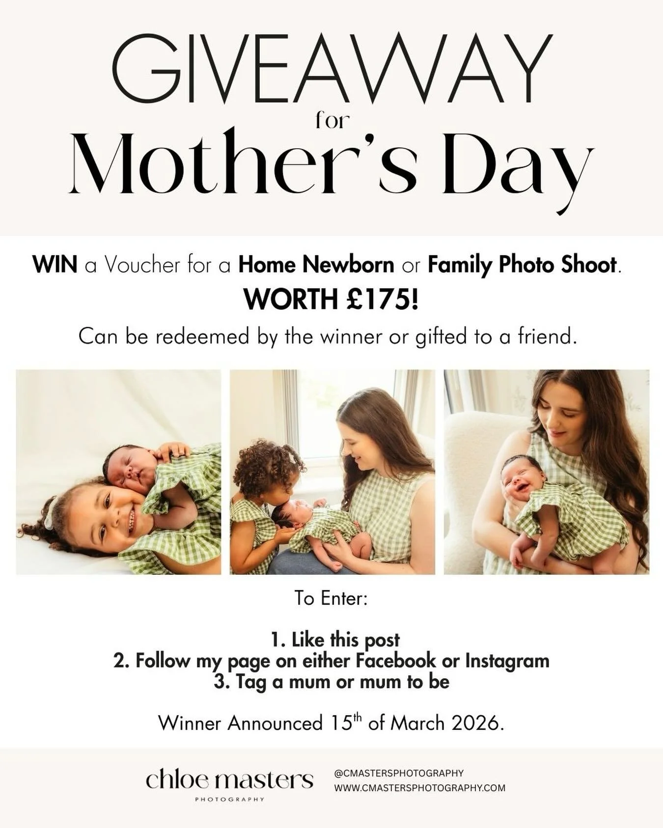 A Giveaway for mother&rsquo;s day!💐

WIN! A home based newborn or family photoshoot,
Worth &pound;175!!📸

A perfect gift for expecting mums or for anyone wanting to capture beautiful moments with their babies &amp; no matter how old they get, you n