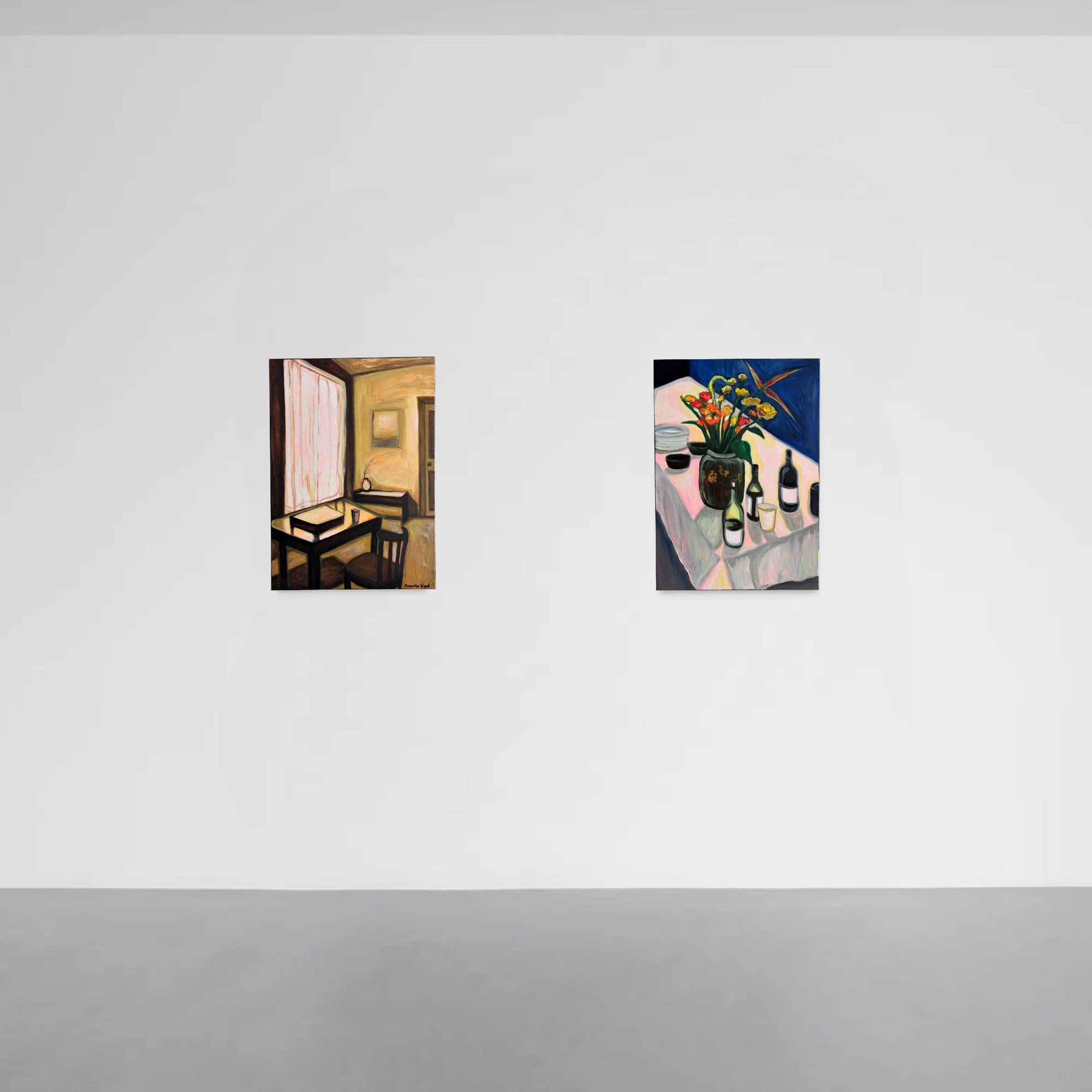 Reaching a Point I and II, 2026. Fluorescent and regular acrylic on canvas — 50 x 70 x 2 cm (each)