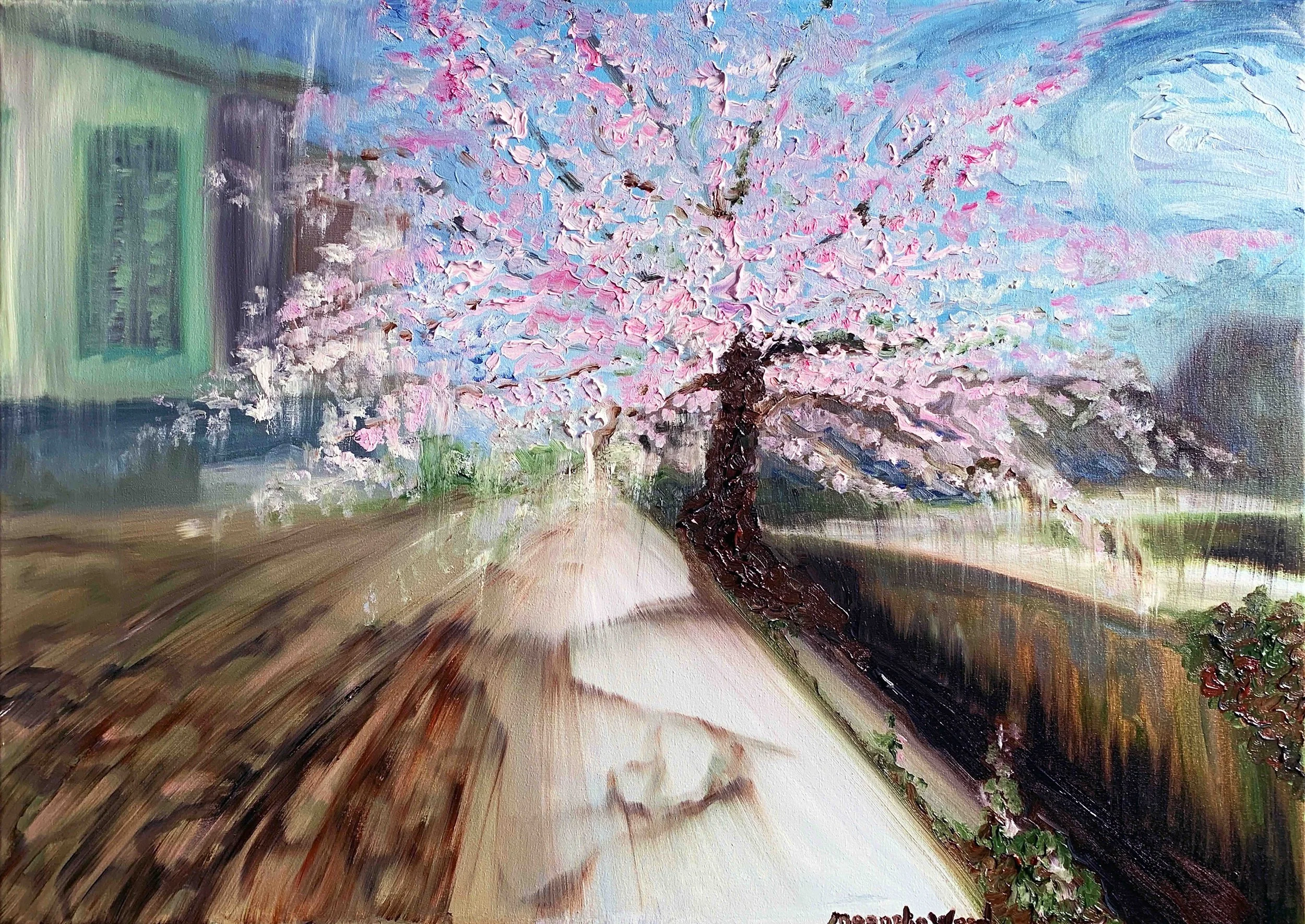 Cherry blossoms embracing the philosophers' path | Japan 3/5, 2025. Oil on canvas - 70 x 50 x 2 cm (For inquiries click image)