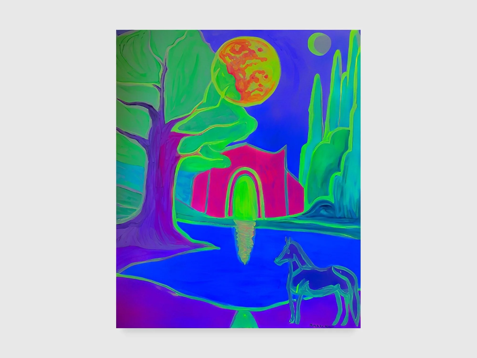 Cosmic Light II (blacklight), 2026. Fluorescent and phosphoric acrylic on canvas — 100 x 120 x 2 cm