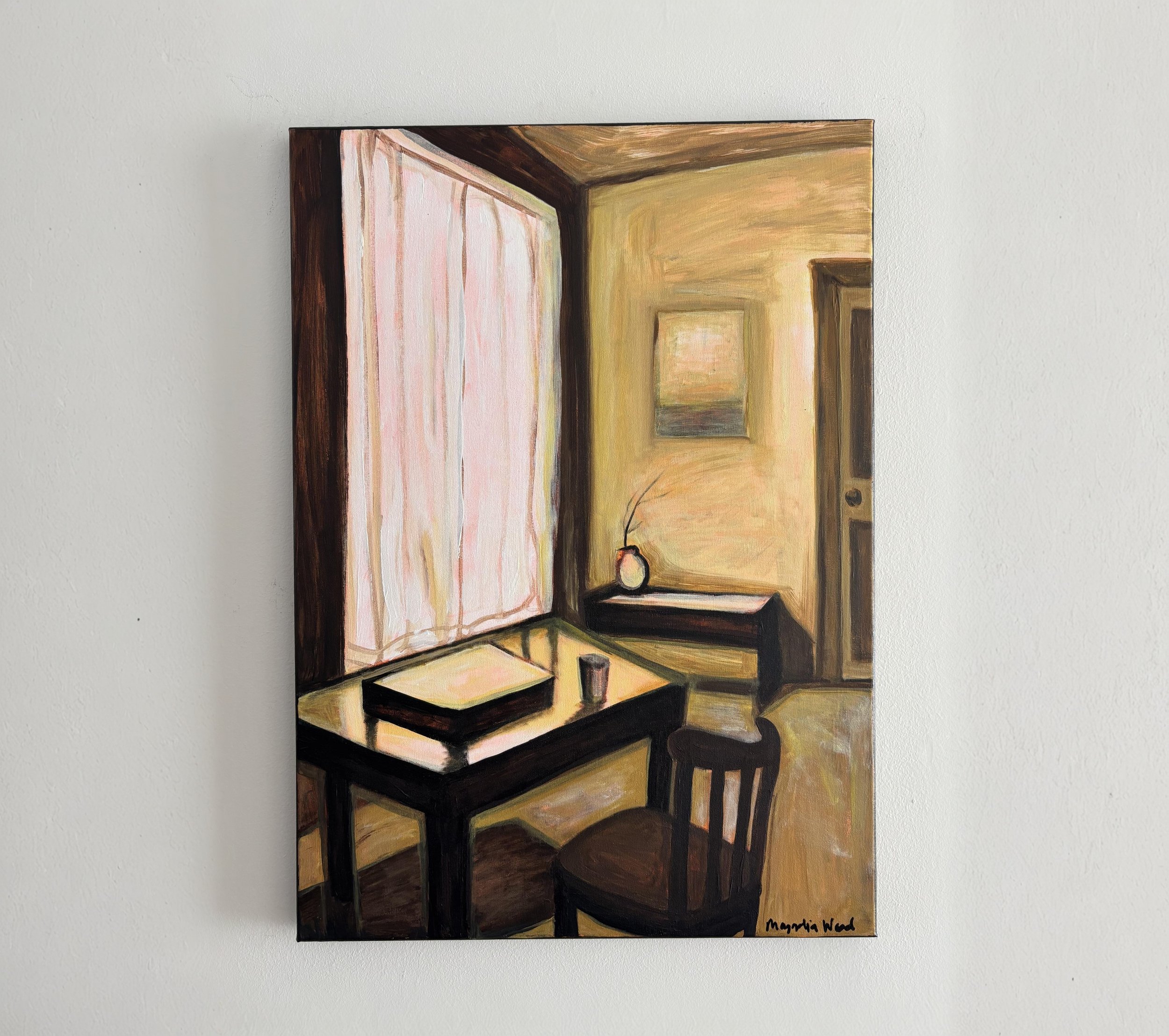 Reaching a Point I, 2026. Fluorescent and regular acrylic on canvas — 50 x 70 x 2 cm