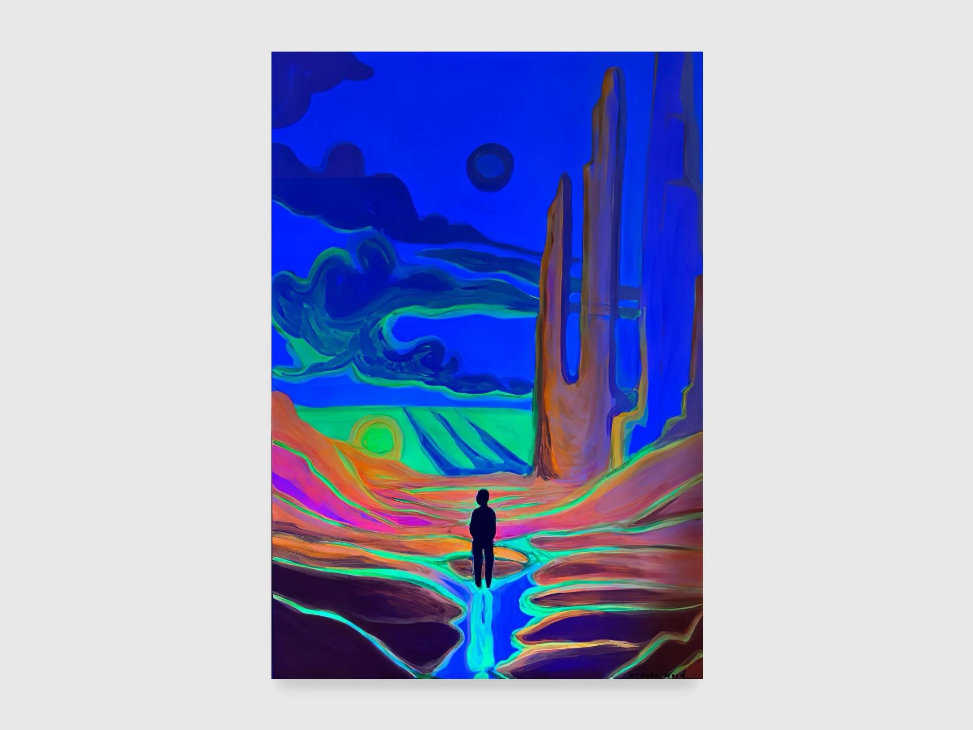 Cosmic Light I (blacklight), 2026. Fluorescent and phosphoric acrylic on canvas — 70 x 100 x 2 cm