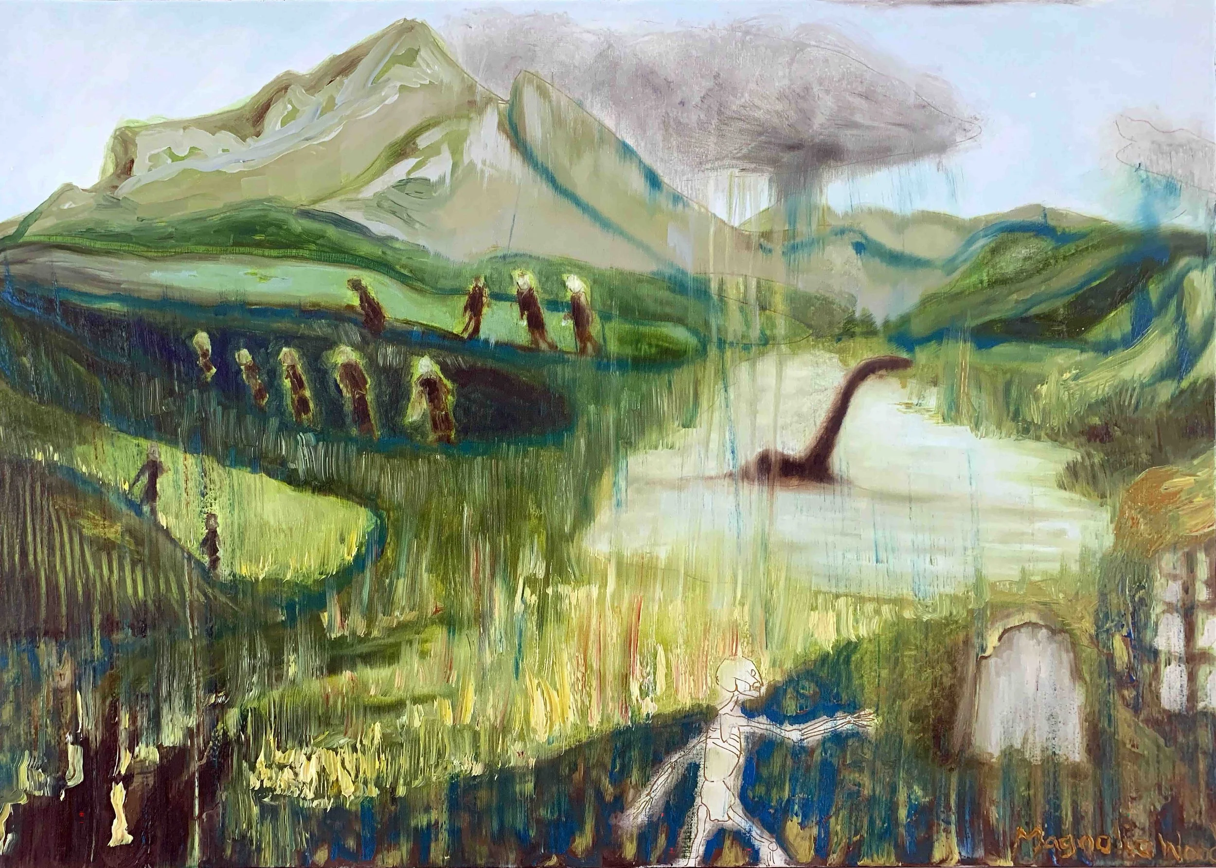 We all walk the green mountain | Bob Dylan and me 4/5, 2025. Oil and marker on canvas - 70 x 50 x 2 cm. (For inquiries click image)