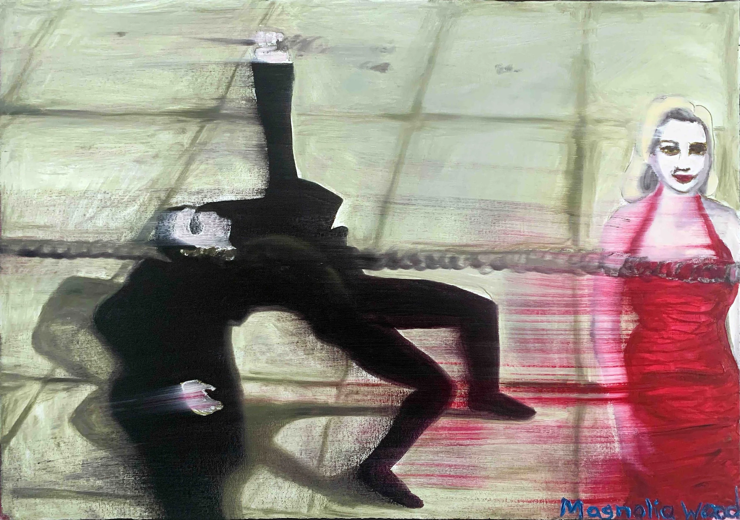 We dodged bullets | Bob Dylan and me 3/5, 2025. Oil and marker on canvas - 7- x 50 x 2 cm. (For inquiries click image)