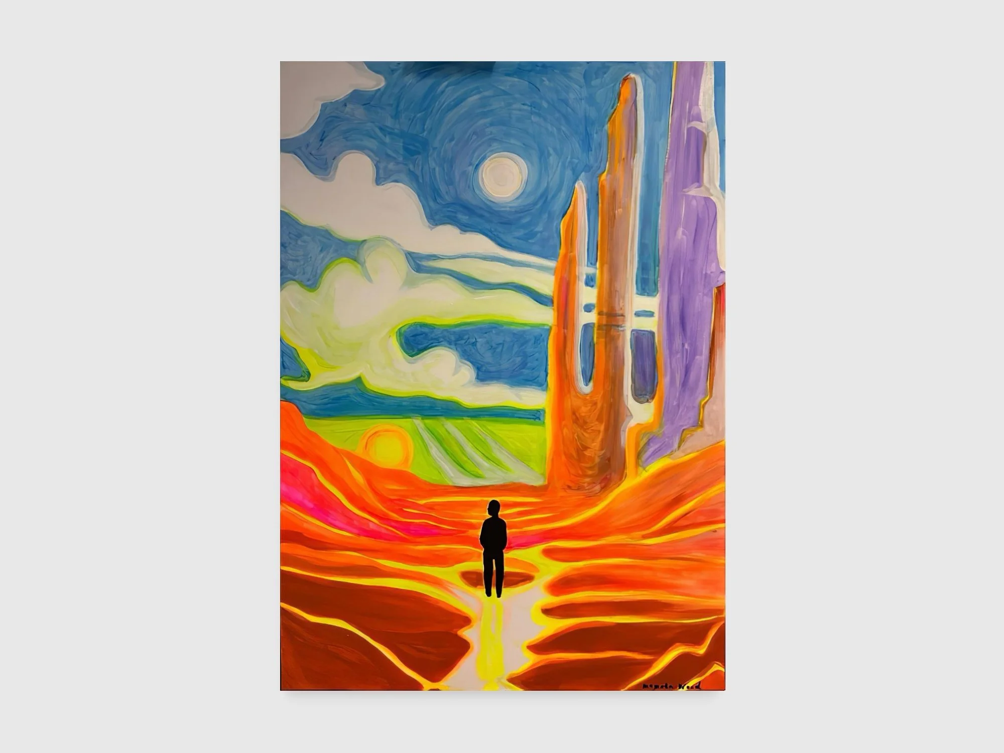 Cosmic Light I (daylight), 2026. Fluorescent and phosphoric acrylic on canvas — 70 x 100 x 2 cm