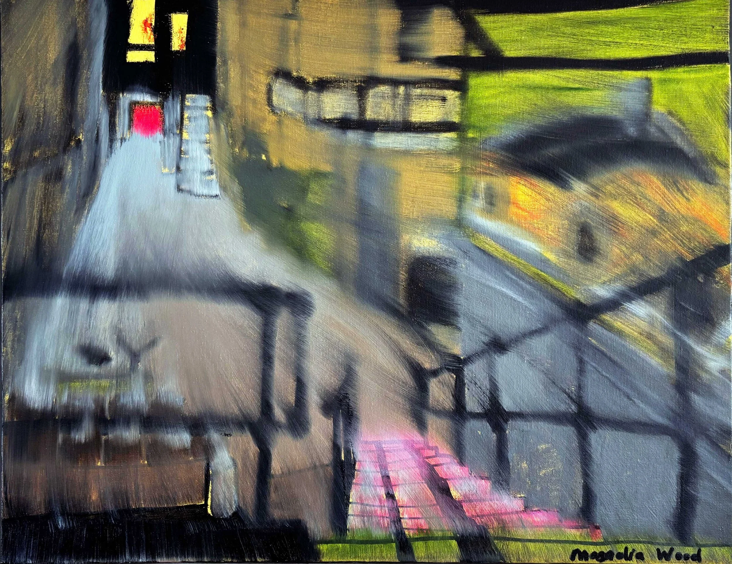 The way to the secret restaurant | Passing moments 6/7, 2025. Oil and acrylics on canvas - 50 x 40 x 1.8 cm. (For inquiries click image)