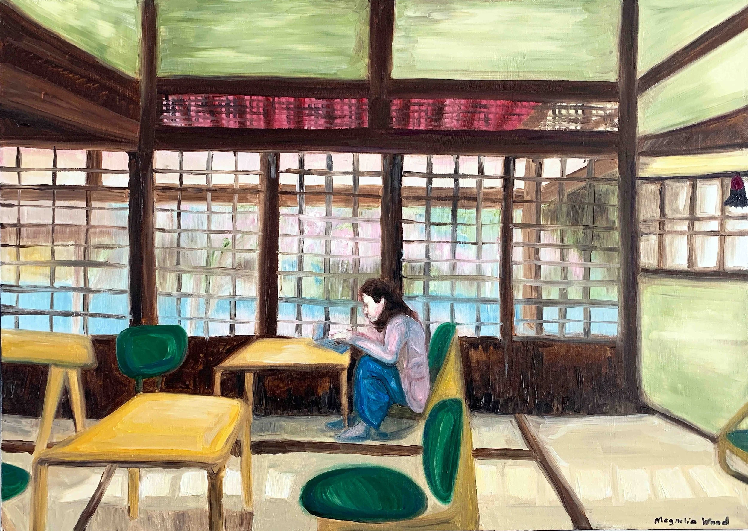 Tranquil Kyoto cafe | Japan 1/5, 2025. Oil on canvas - 70 x 50 x 2 cm (For inquiries click image)