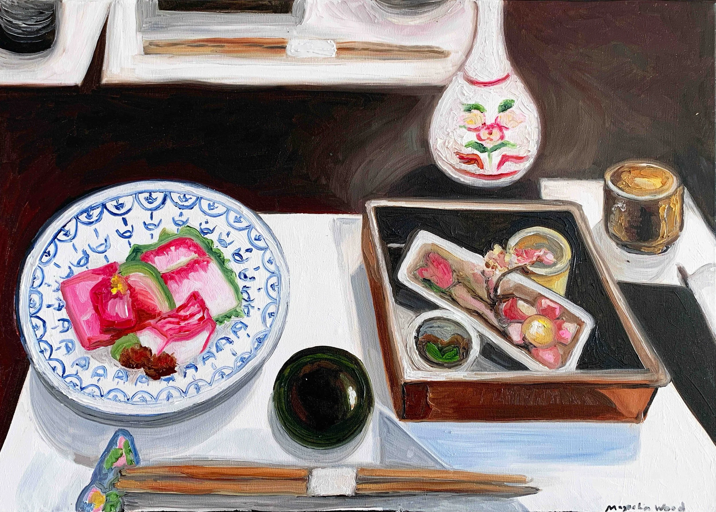 An ode to geishas entertaining behind closed doors | Japan 5/5, 2025. Oil on canvas - 70 x 50 x 2 cm (For inquiries click image)