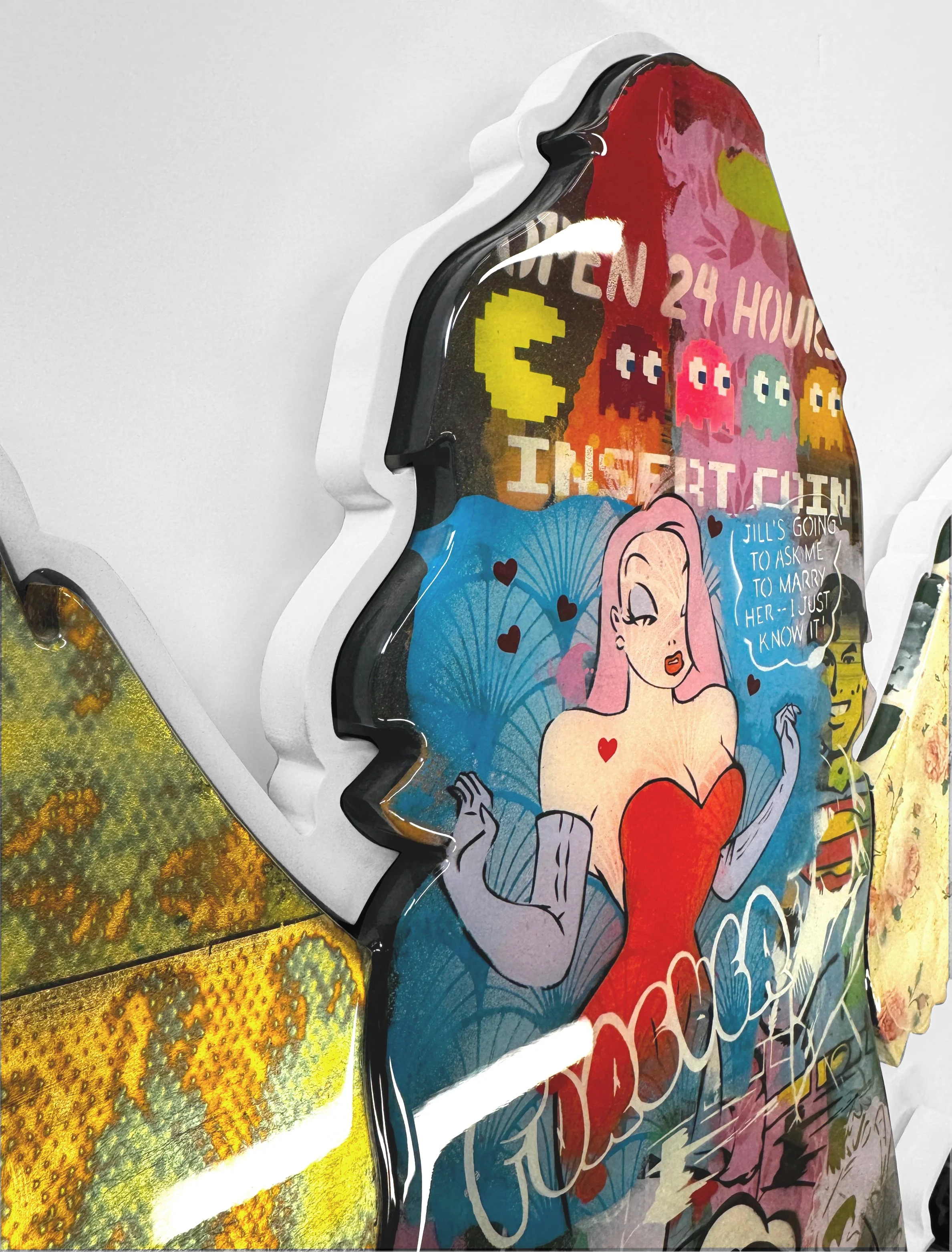 Lhouette Angel Cake - Large Collage (Pop Eye) Wall Sculpture - Framed close up 2.JPG
