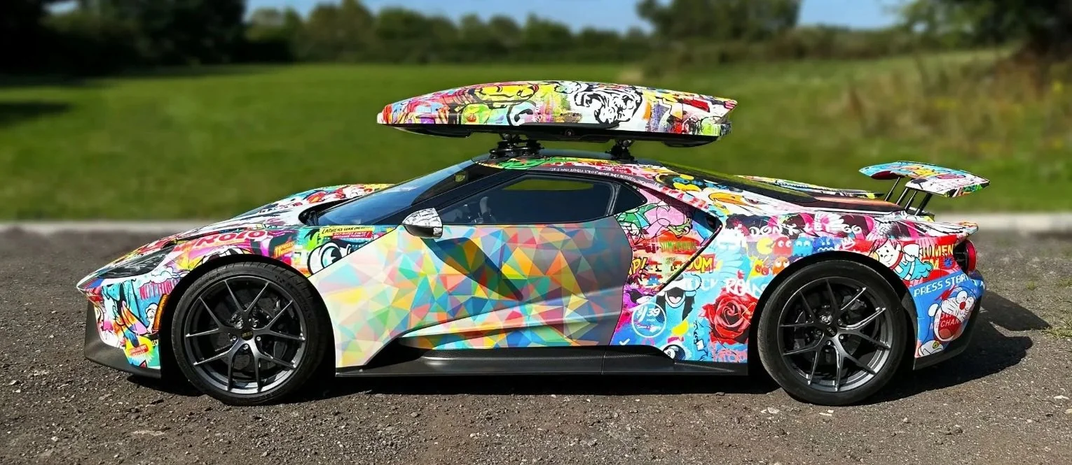 HYPER POP  Lhouette x Shmee150
A collaborative automotive art project by British contemporary artist Lhouette and Shmee150, created in association with Wyecliffe Galleries, Bonhams and the charity CALM. Hyper Pop transformed a supercar into a one-off