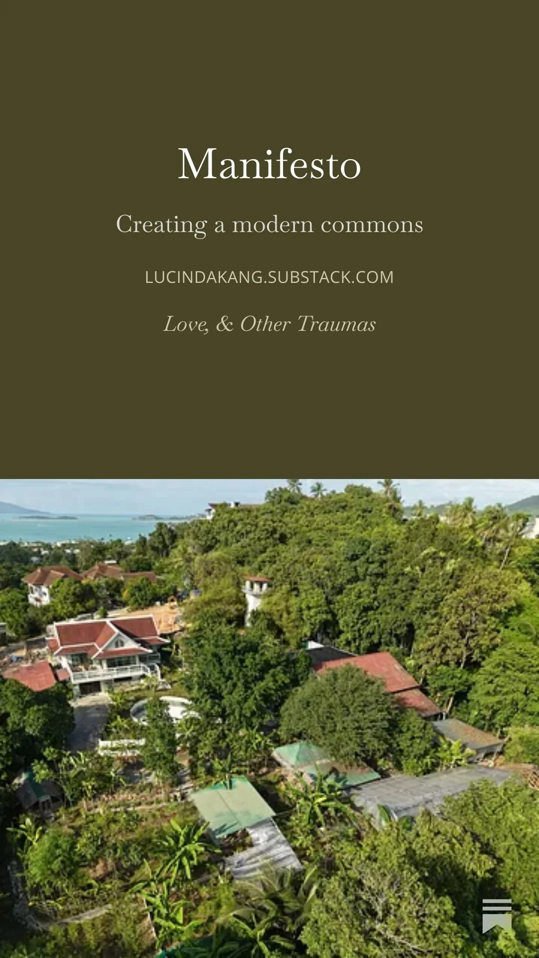 Cover of a book titled "Manifesto: Creating a modern commons" with a URL and the phrase "Love, & Other Traumas". The background features an aerial view of a lush, green residential area with trees, houses, and a distant view of water and mountains.