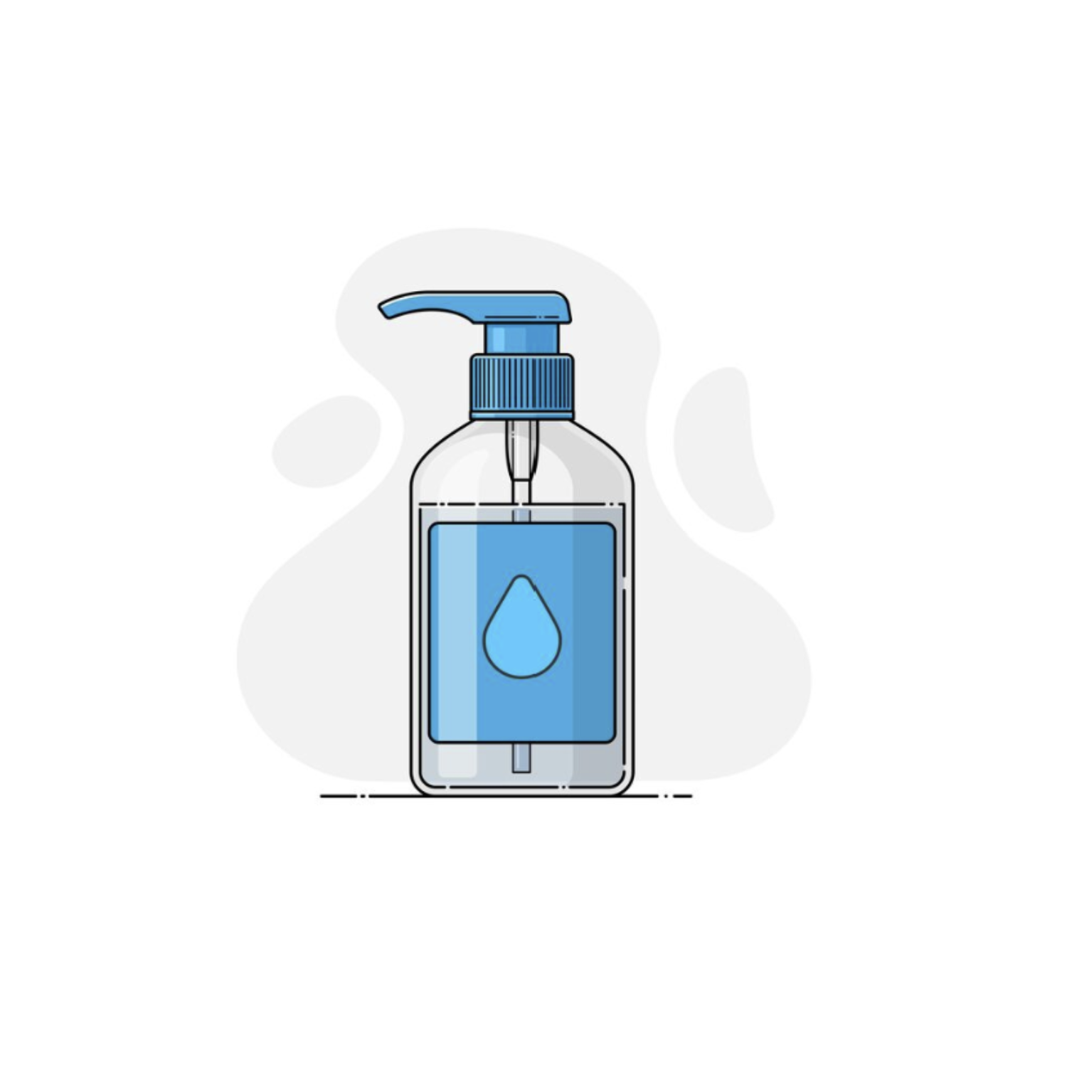 Illustration of a hand sanitizer bottle with a pump, filled with blue liquid, and a water droplet icon on the front.