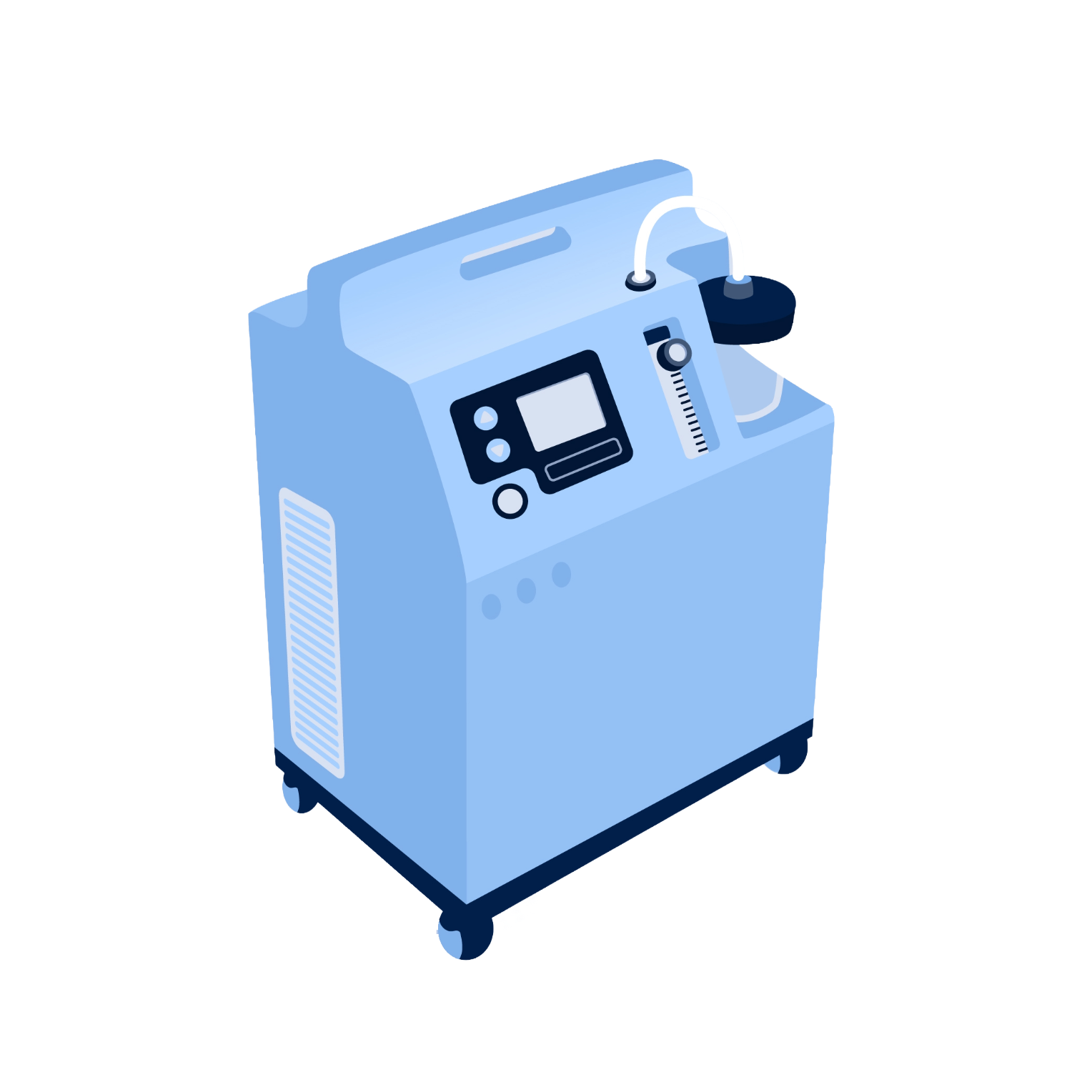 Illustration of a medical ventilator machine in light blue color with control panel, tubes, and a monitor, on a black and white background.