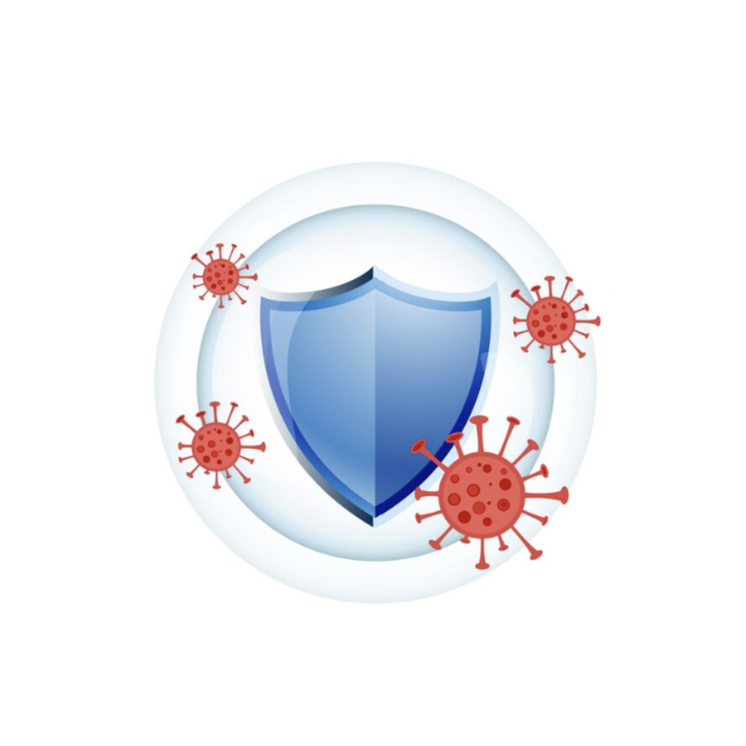 Illustration of a blue shield surrounded by red virus particles, symbolizing protection from viruses or infection.