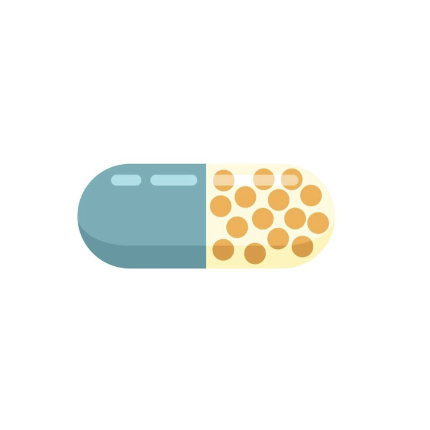 A blue and beige capsule pill, with the left half solid blue and the right half containing small beige and orange coated pellets.
