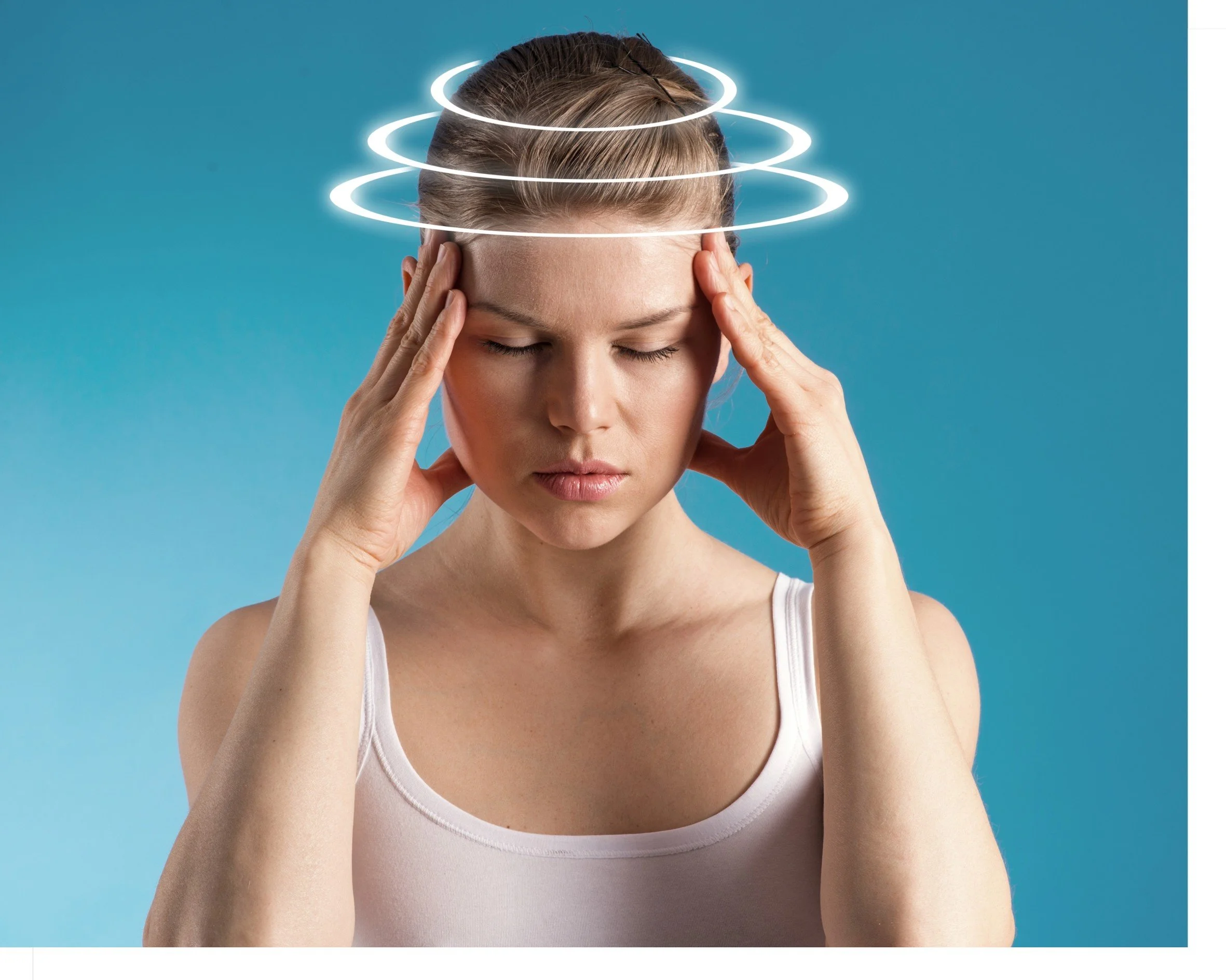 A woman with her eyes closed, holding her head with both hands, with white digital spiral lines above her head indicating dizziness or headache, against a blue background.
