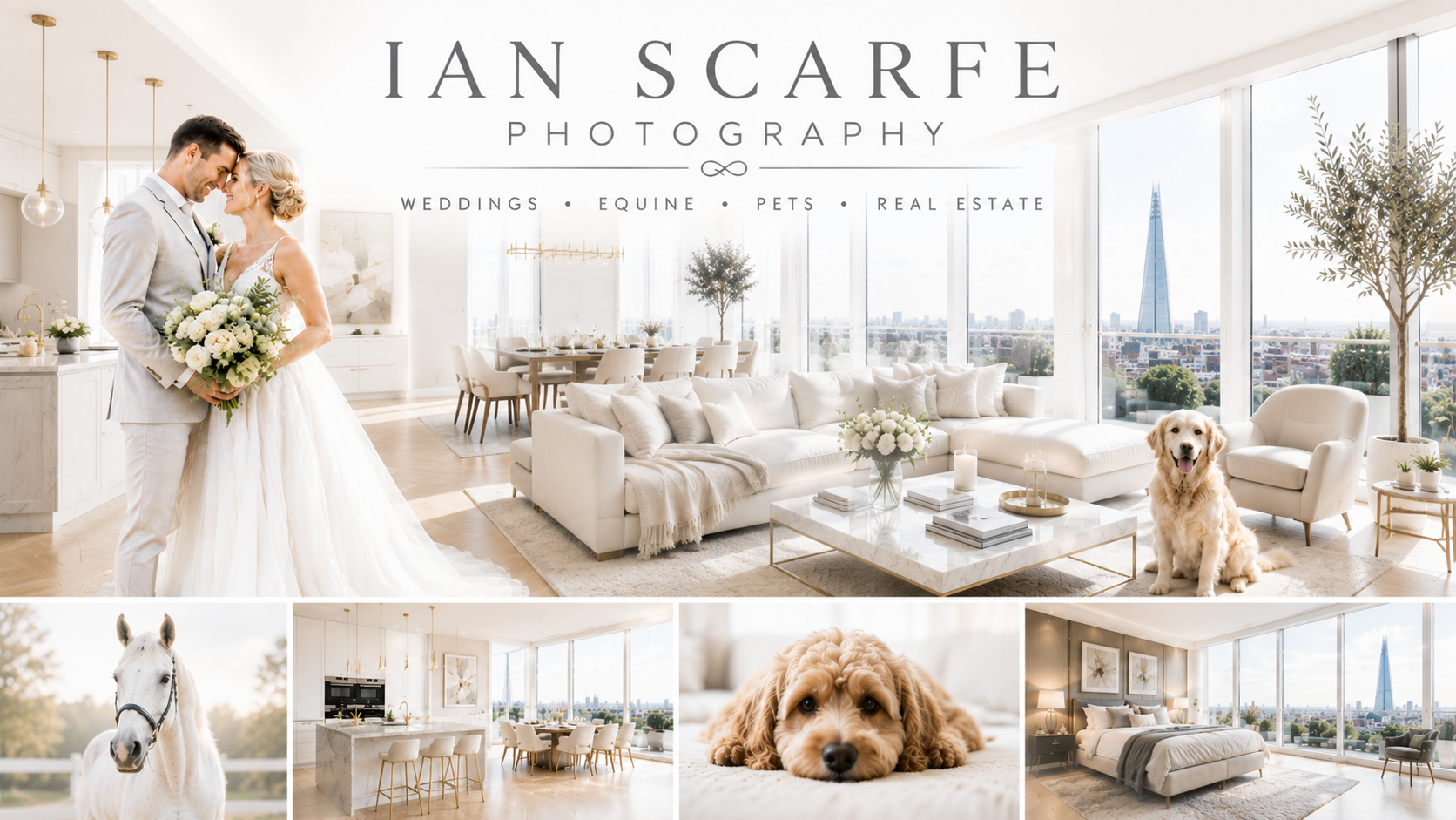 A collage of interior and exterior spaces featuring a luxurious modern apartment with floor-to-ceiling windows, a wedding scene with a bride and groom, a white horse, a cute puppy, and stylish furniture and decorations.