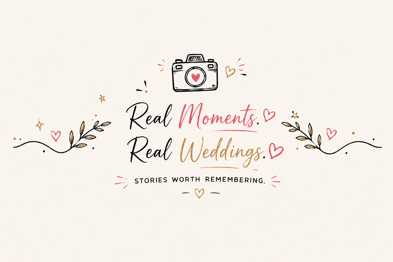 A decorative graphic with a camera icon and the text "Real Moments. Real Weddings" accompanied by hearts, leaves, and stars, and the phrase "Stories worth remembering."
