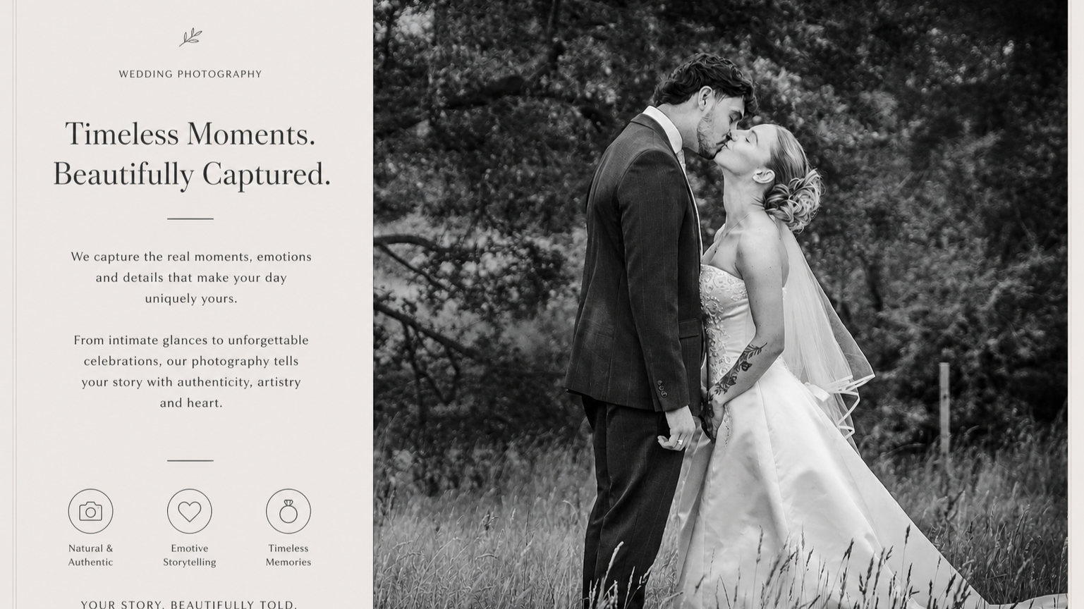 Black and white photo of a bride and groom sharing a kiss outdoors among trees, holding hands.