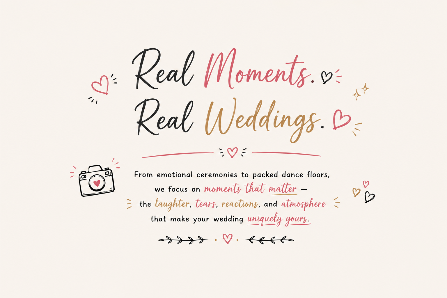 Inspirational wedding quote with decorative hearts and camera illustration, reading 'Real Moments. Real Weddings.' with text discussing focus on meaningful wedding moments.