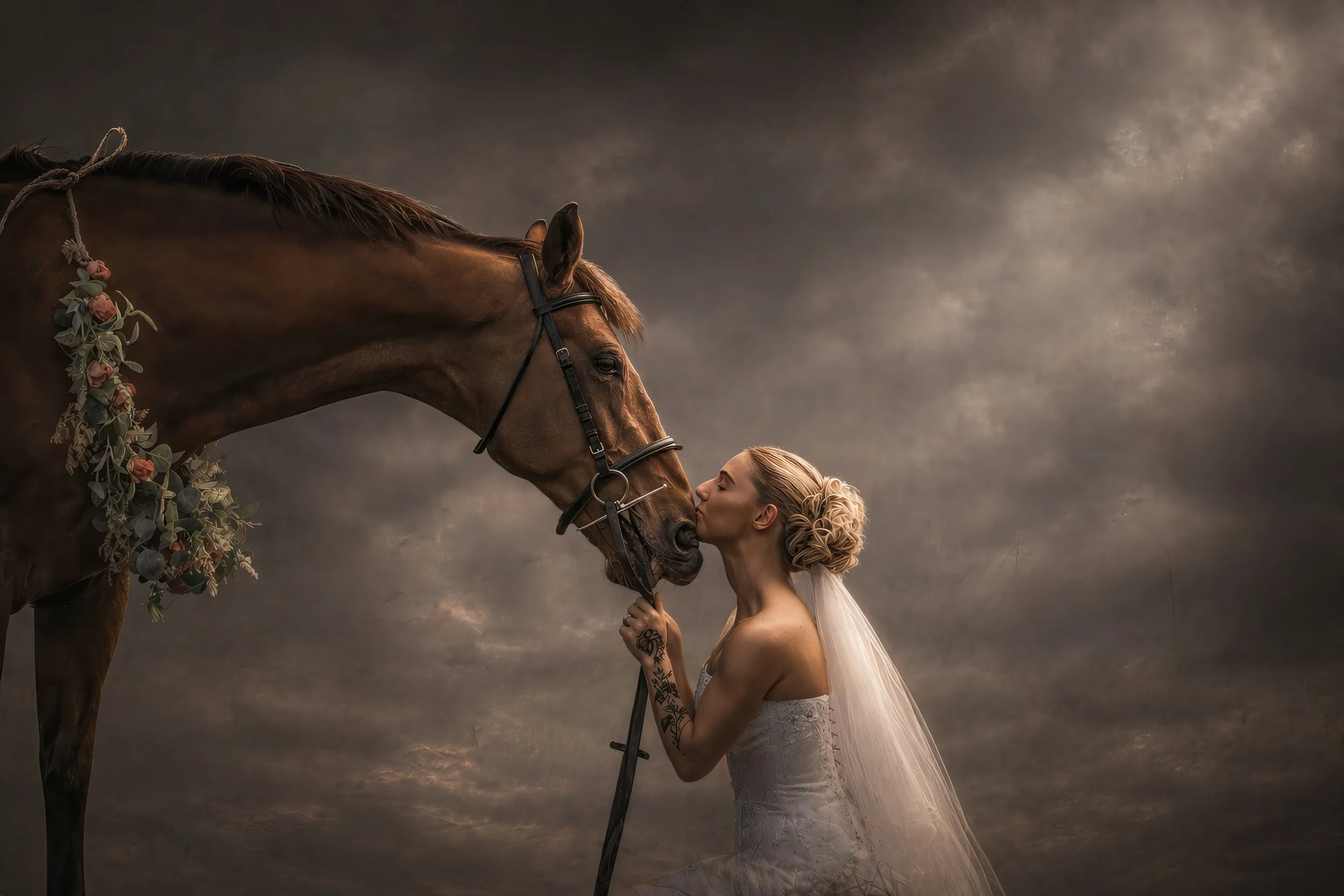 A woman in a wedding dress kisses a brown horse decorated with flowers against a cloudy sky background.