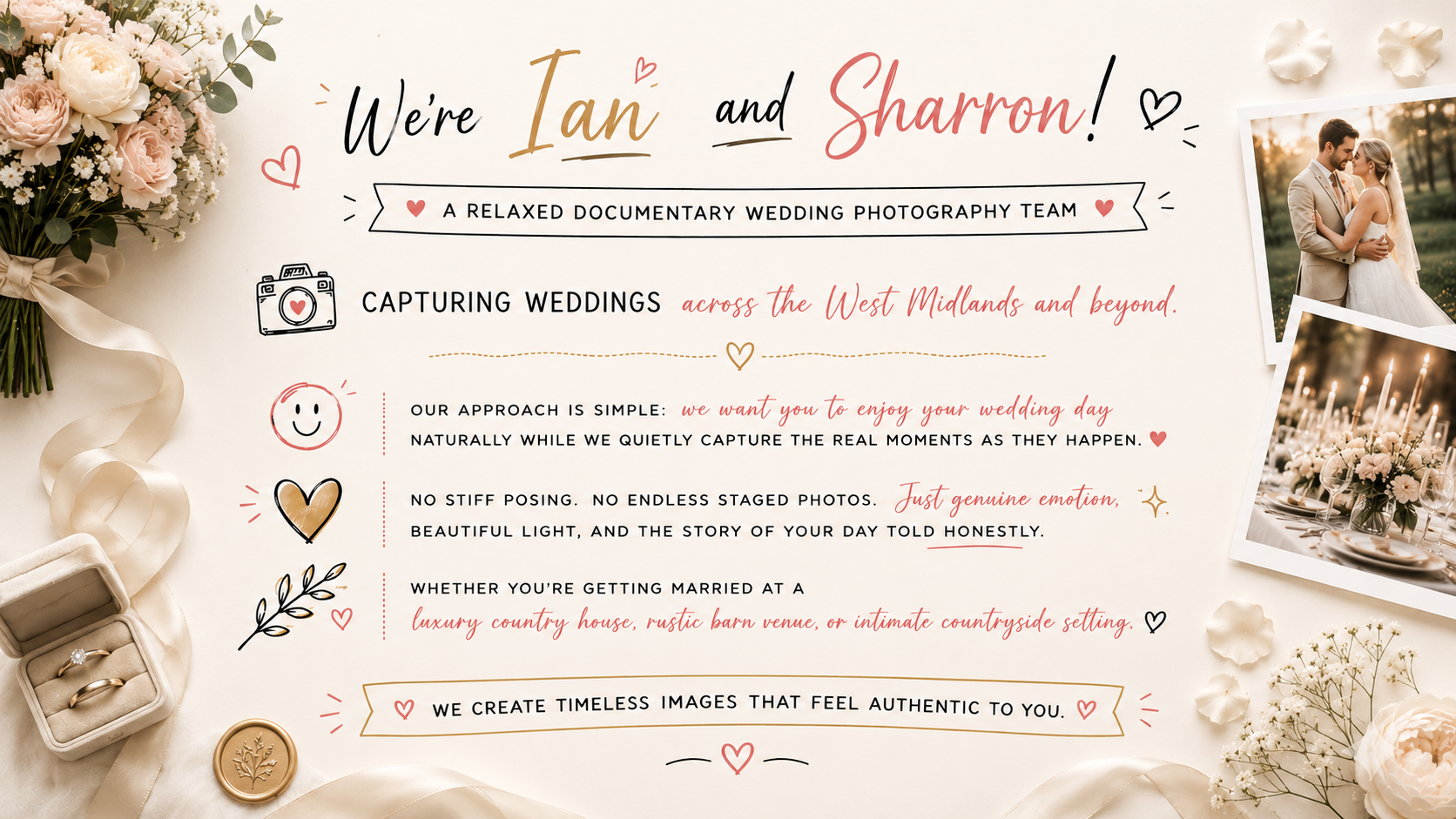 Invitation for wedding photography services featuring flowers, photos, and text describing the service and approach, with decorative hearts and illustrations.