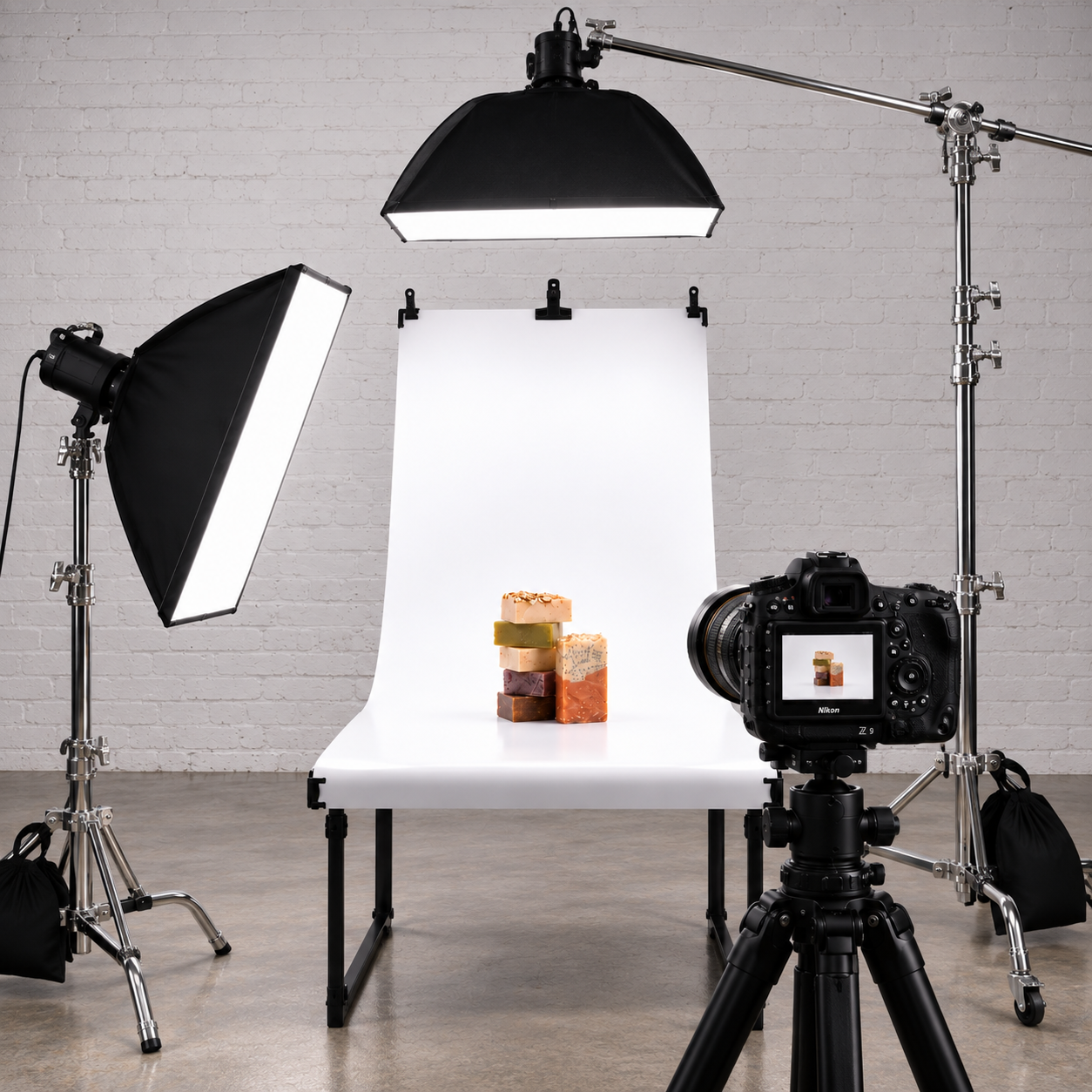 Photography studio setup with professional lighting and camera capturing soap bars on a white backdrop.