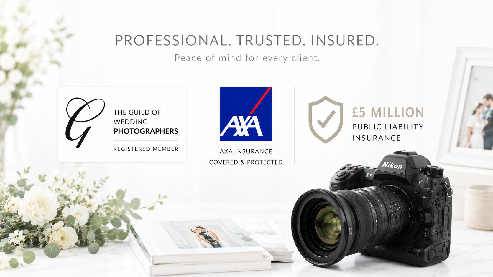 A marketing image displaying wedding photography services. It features logos for the Guild of Wedding Photographers and AXA Insurance, mentioning public liability insurance coverage of 5 million pounds. A Nikon camera with a lens, a framed wedding ph
