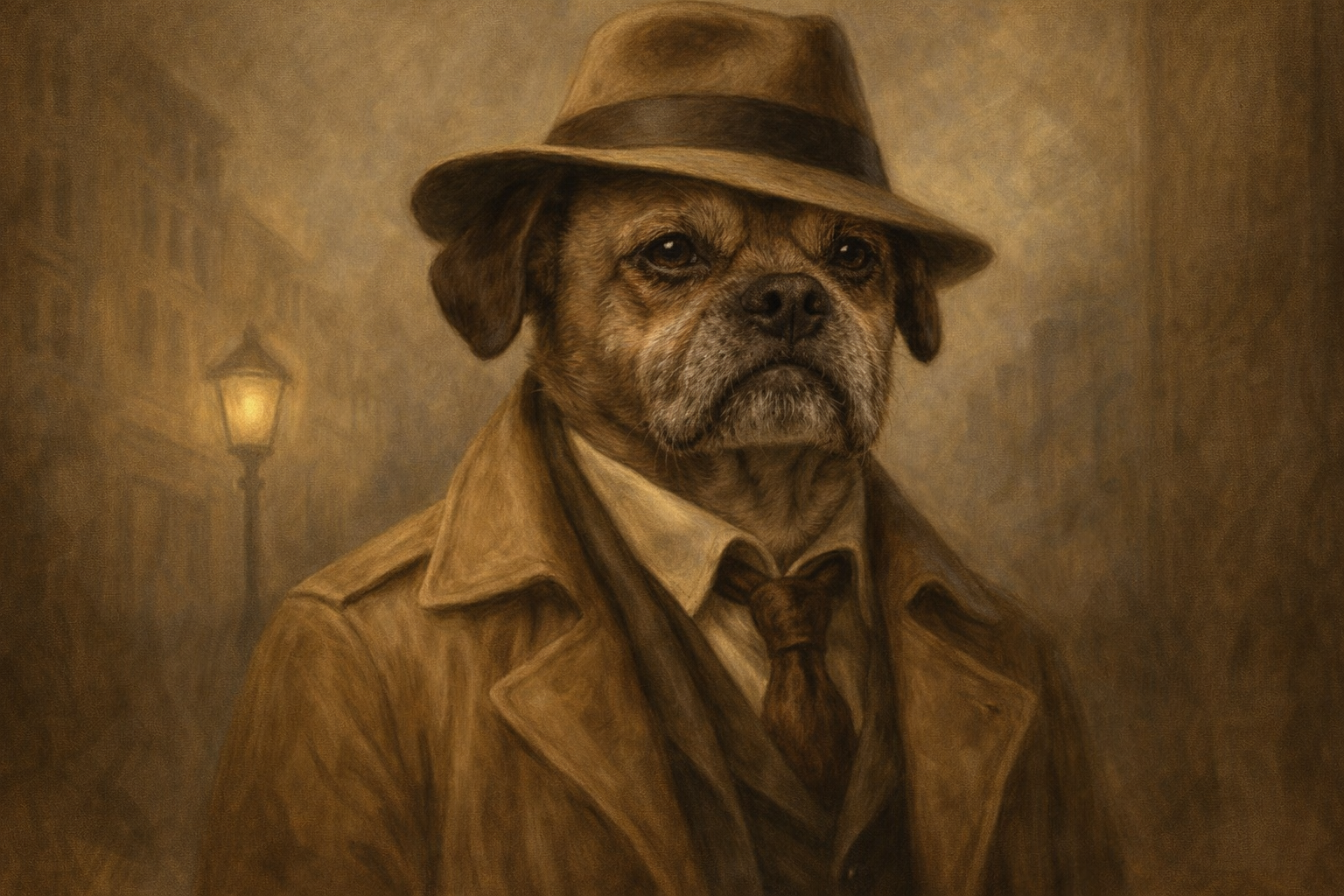 A dog dressed as a detective or detective from the 1940s, wearing a trench coat, tie, and a fedora hat, with a streetlamp in the background.