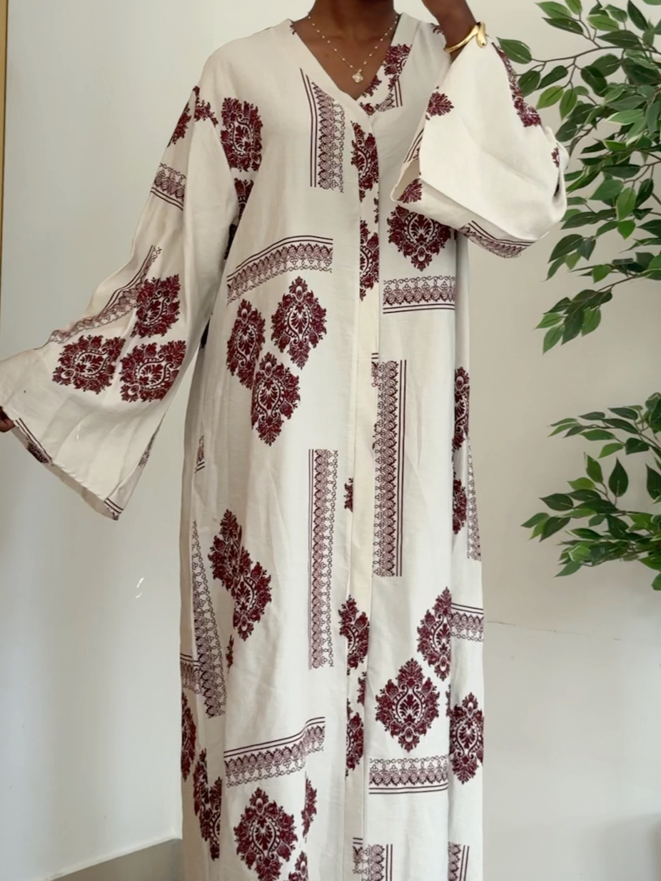 Nura Patterned Dress – in Bordeaux Rouge