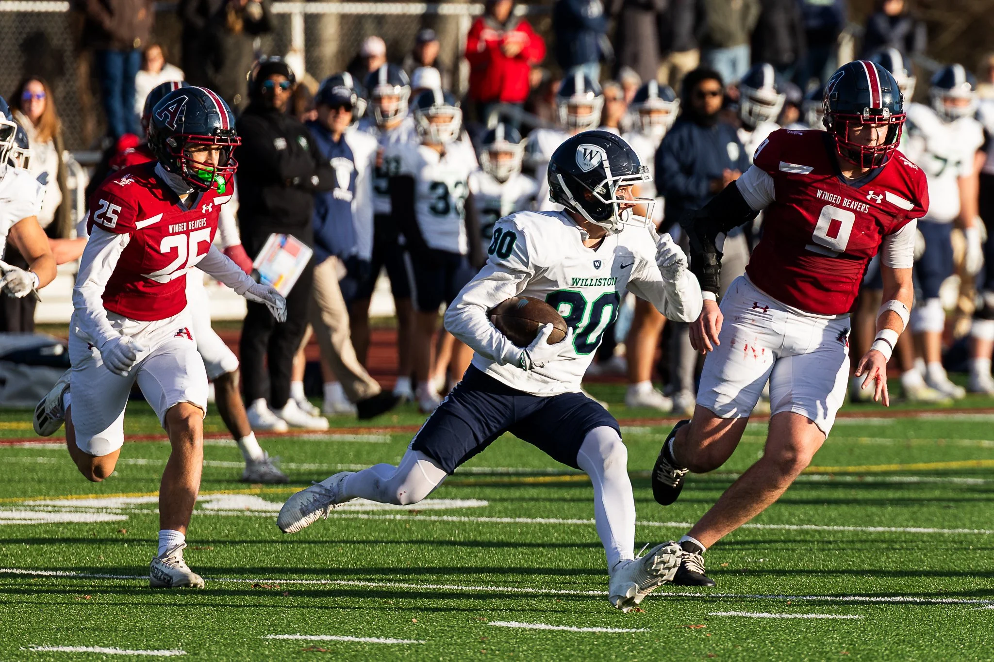 Umass commit Drew Alsup (80) splits the defense during the NEPSAC Drew Gamere Bowl against Avon Old Farms in Avon, CT, on November 15, 2025