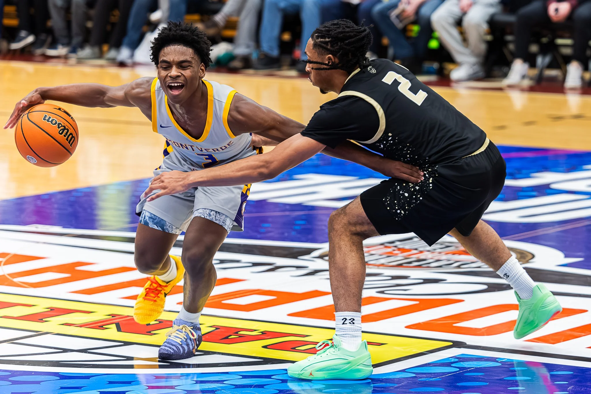 2027 Montverde (FL) Point Gaurd Jayvion Tyndale (left) and Link Academy Gaurd (MO) Carlos Medlock, Jr. (#50 SCNext 100) (right) go head to head during the game at PANINI Hoophall Classic in Springfield, MA, on January 18th, 2026.