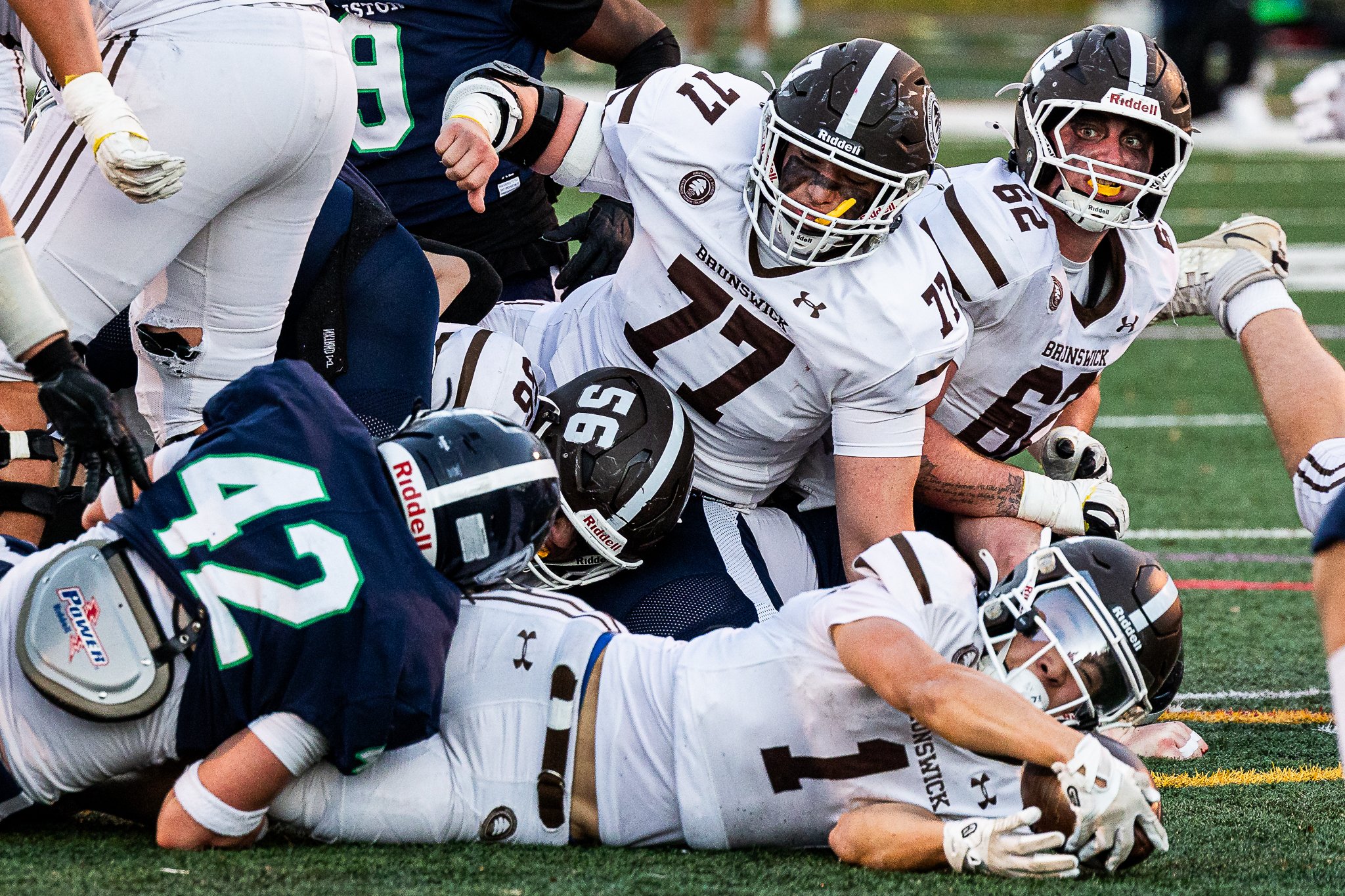 Williston and Brunswick players clash during the game on November 8, 2025 at Sawyer Field. 