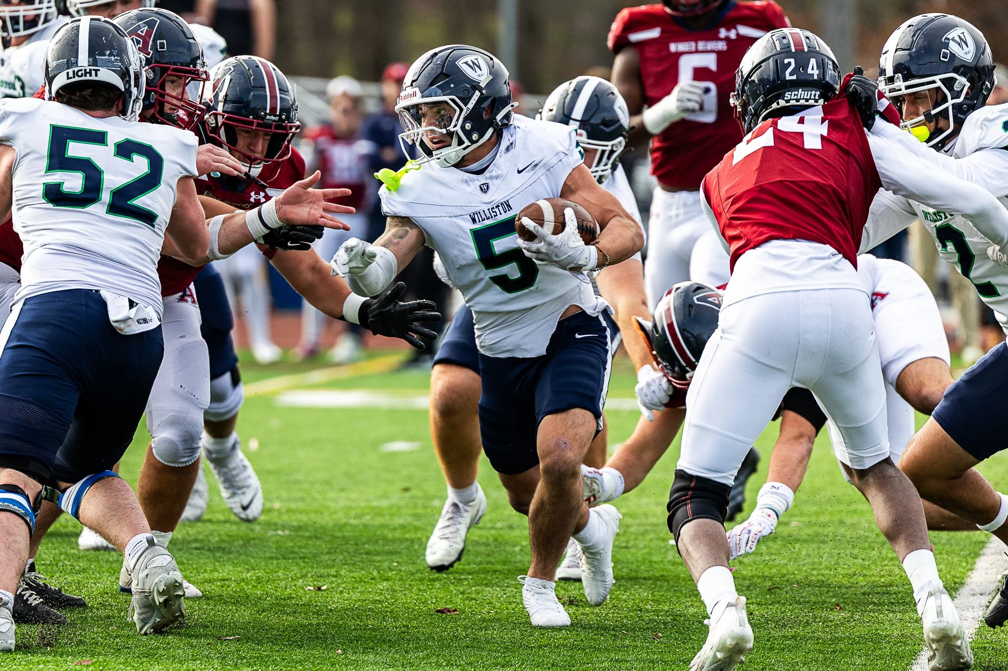 Williston Senior Nate Ellis (5), splits the defense during the NEPSAC Drew Gamere Bowl against Avon Old Farms on November 15, 2025 in Avon, CT. 