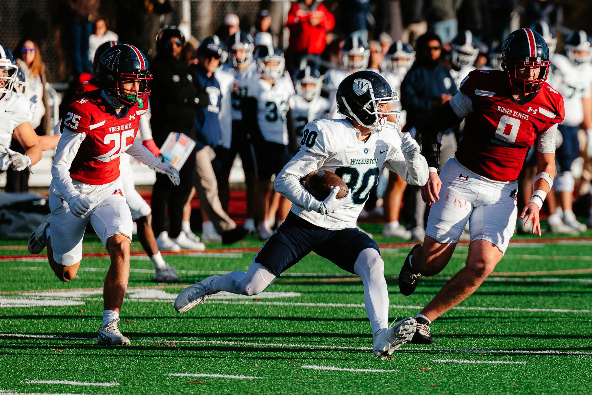 Boston Globe | Williston Northampton wide receiver Drew Alsup looks for running room during a 35-21 loss at Avon Olds Farms in the Drew Gamere Bowl on Nov. 15, 2025.