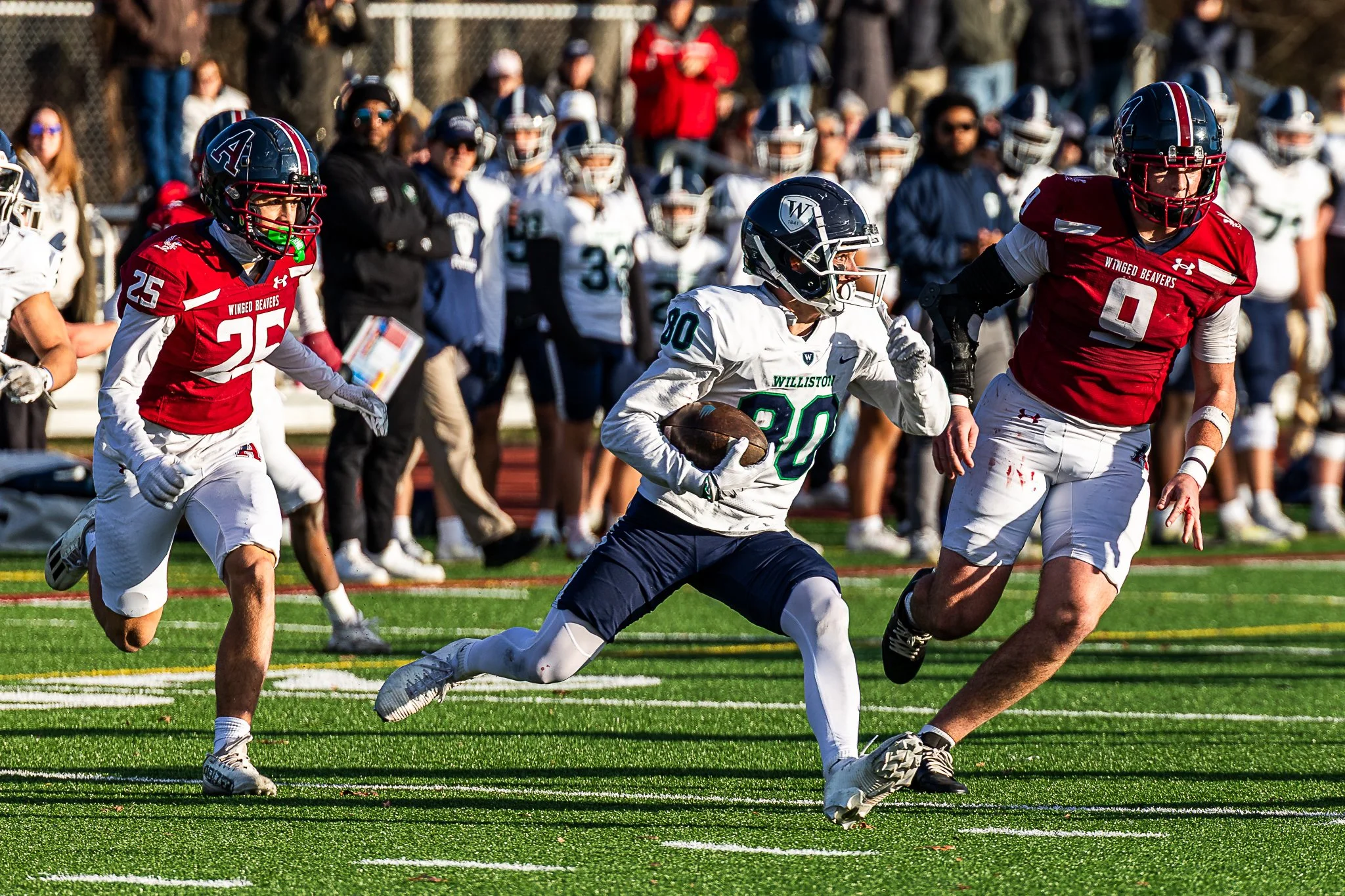 Williston Senior Drew Alsup (80) splits the defense during the NEPSAC Drew Gamere Bowl against Avon Old Farms in Avon, CT, on November 15, 2025