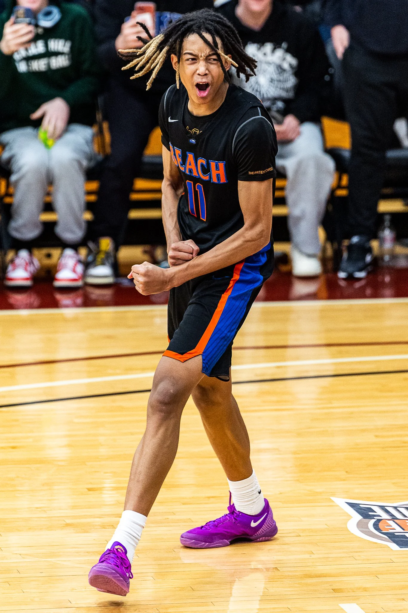 Freshman phenom JJ Crawford celebrates a late comeback and a 32 point performance against Bishop McNamara at the PANINI Hoophall Classic on January 18, 2026.  