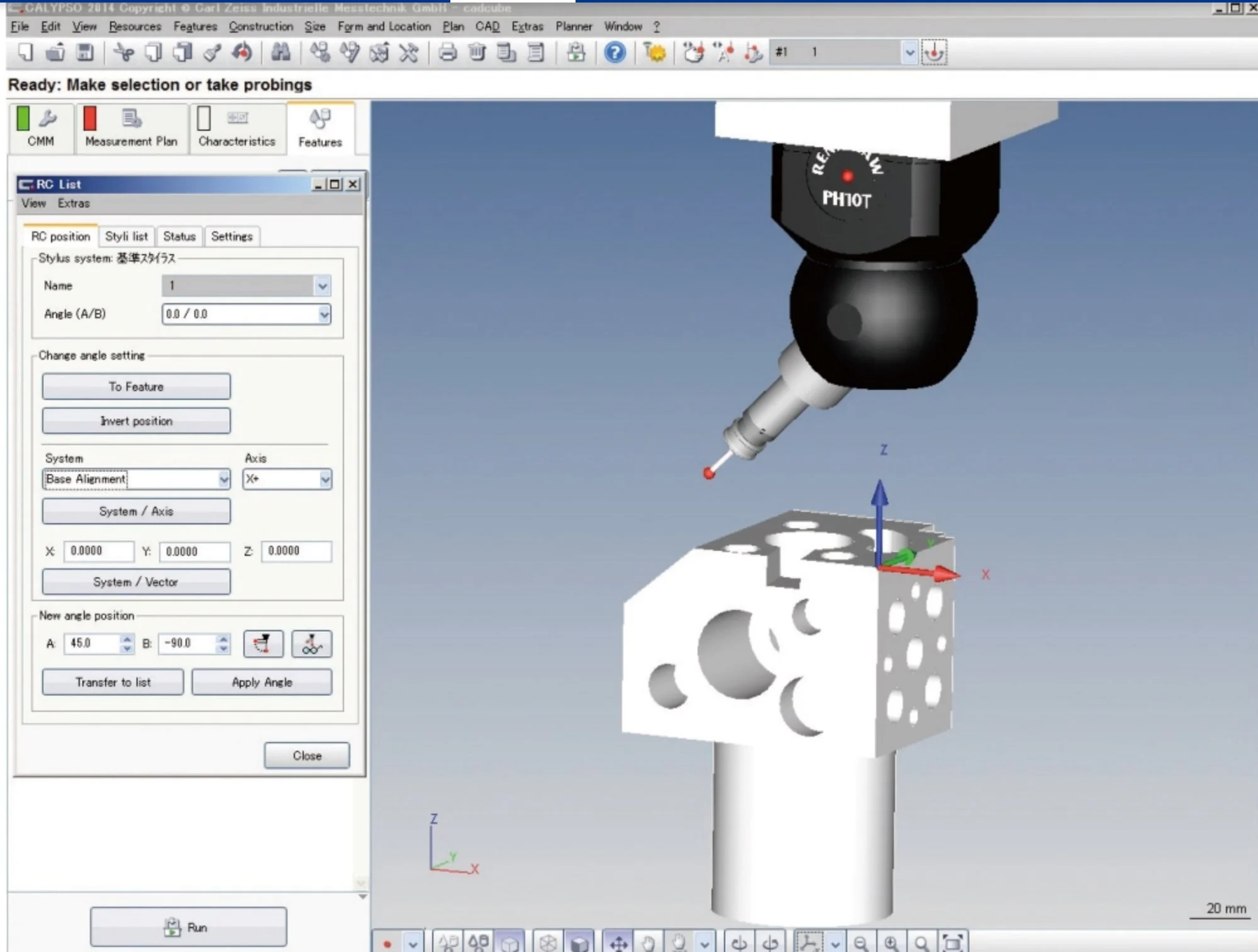 Screenshot of computer-aided design software showing a 3D model of a metal component with multiple holes, a laser measurement tool positioned above it, and a user interface with various settings and options on the left side.