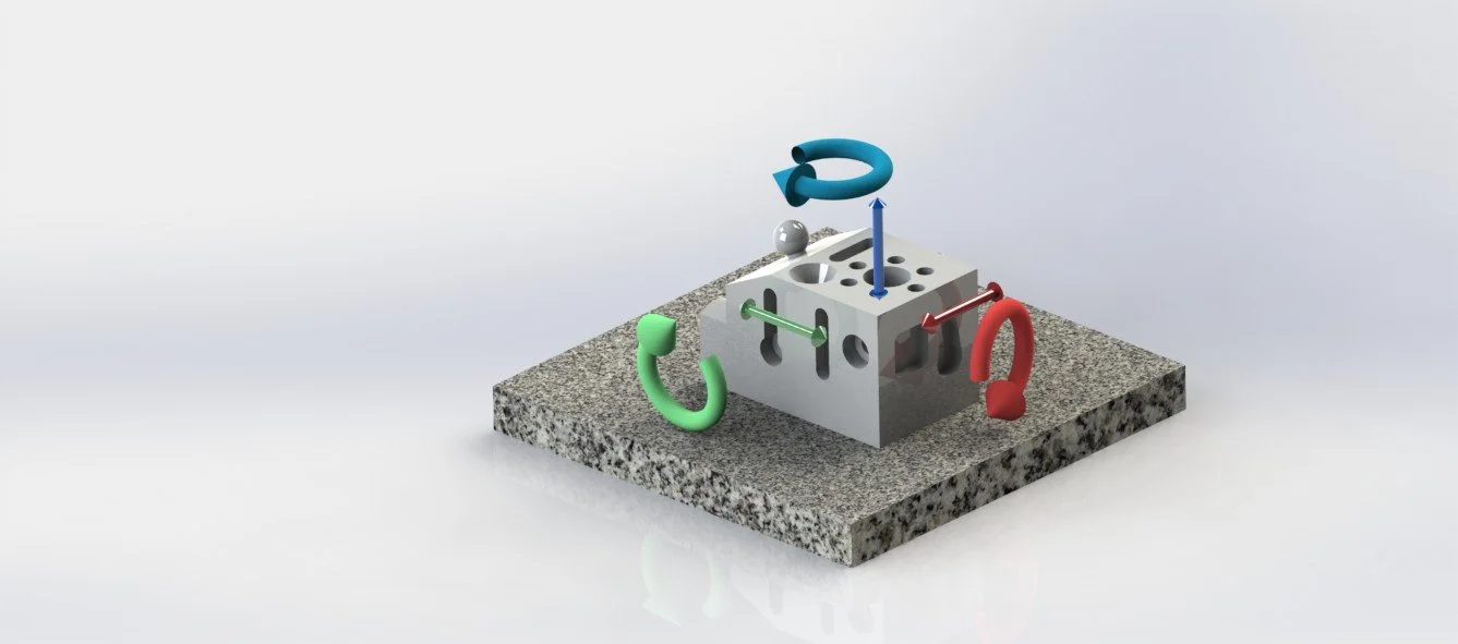 3D model of a metallic cube with multiple holes, placed on a granite-like square base. Several colorful curved and straight arrows and a small sphere are positioned around and on the cube, indicating rotation and movement directions.