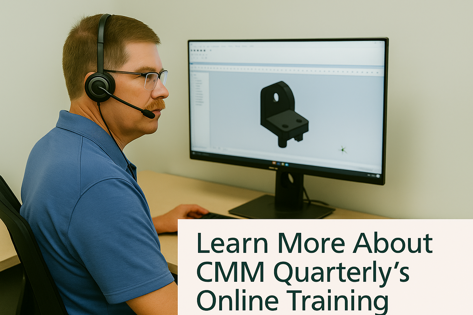 A man wearing glasses and a headset sitting at a desk in front of a computer monitor with a 3D model displayed, promoting CMM Quarterly's online training.