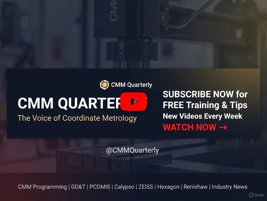 Promotional graphic for CMM Quarterly featuring a background of a coordinate measuring machine. Text promotes free weekly training videos and tips on coordinate metrology, with a call to action to subscribe and watch now.