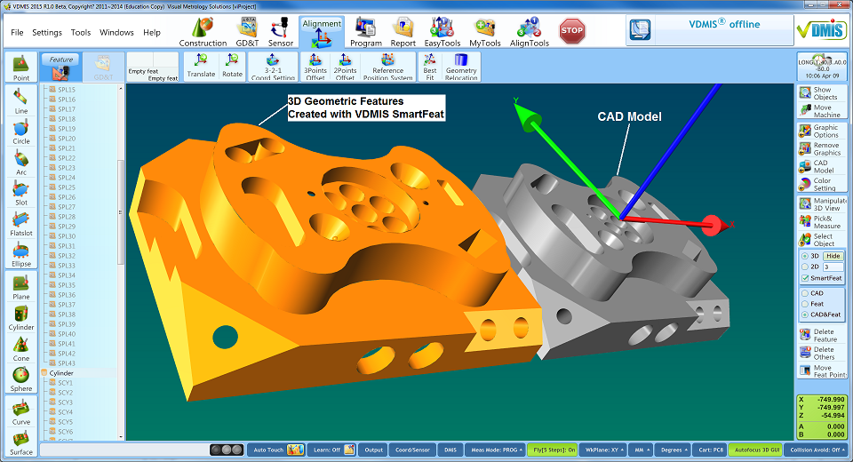A 3D CAD model display within a software interface showing two mechanical parts, one in orange and the other in gray, connected together. The orange part has complex geometric features and the gray part has a more solid structure with multiple holes. Arrows indicate axes labeled Y, Z, and X. A text label notes "3D Geometric Features Created with VDMIS SmartFeat." The software interface includes toolbars, options for 3D editing, features list, and controls on the right and top sides.