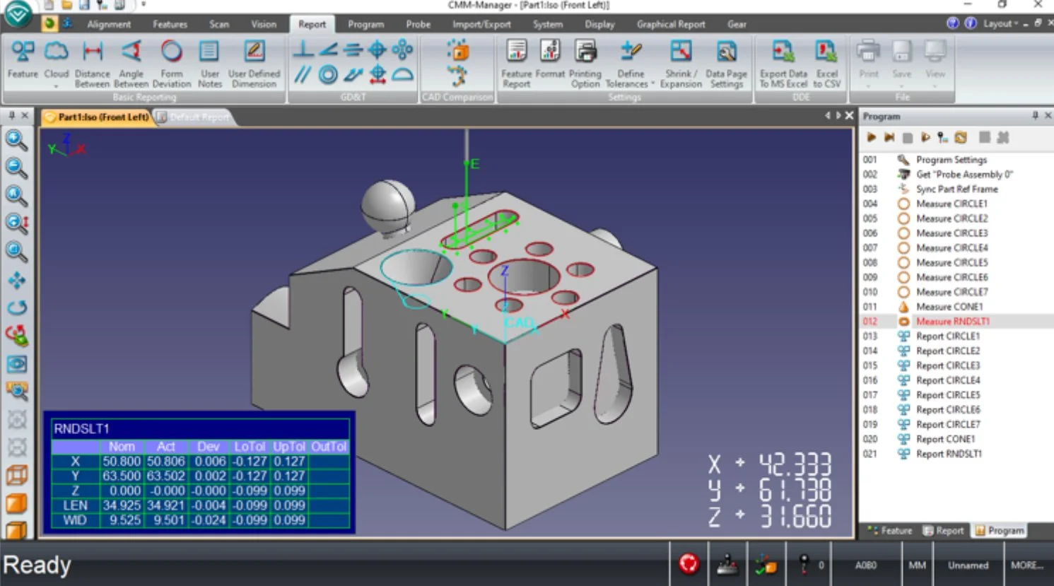 CAD software screen showing a 3D metal part with multiple circular holes, measuring tools, and a feature list.