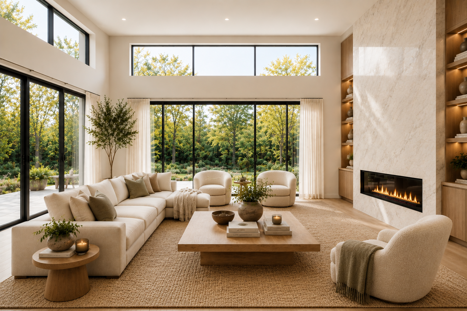 Peaceful and sophisticated living room designed by Graham & Co. Interiors in St. Petersburg, Florida, with layered textures and warm neutral tones.